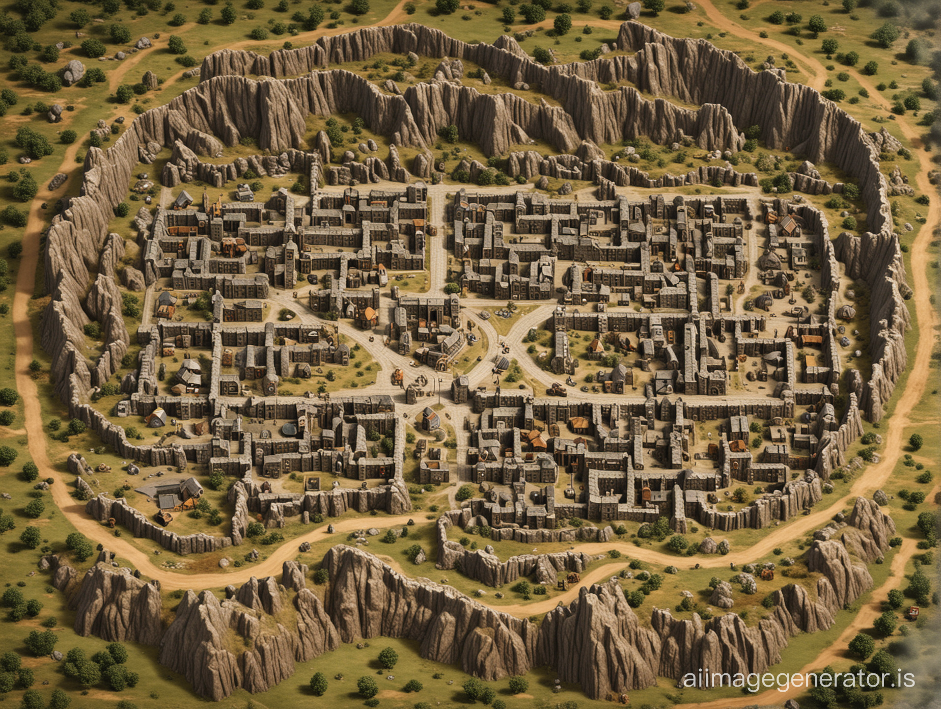 Make a town for a dnd map named copperton with 12 buildings with a central statue in the middle with a cave entrance somewhere around the edge of the map small town on a flat land