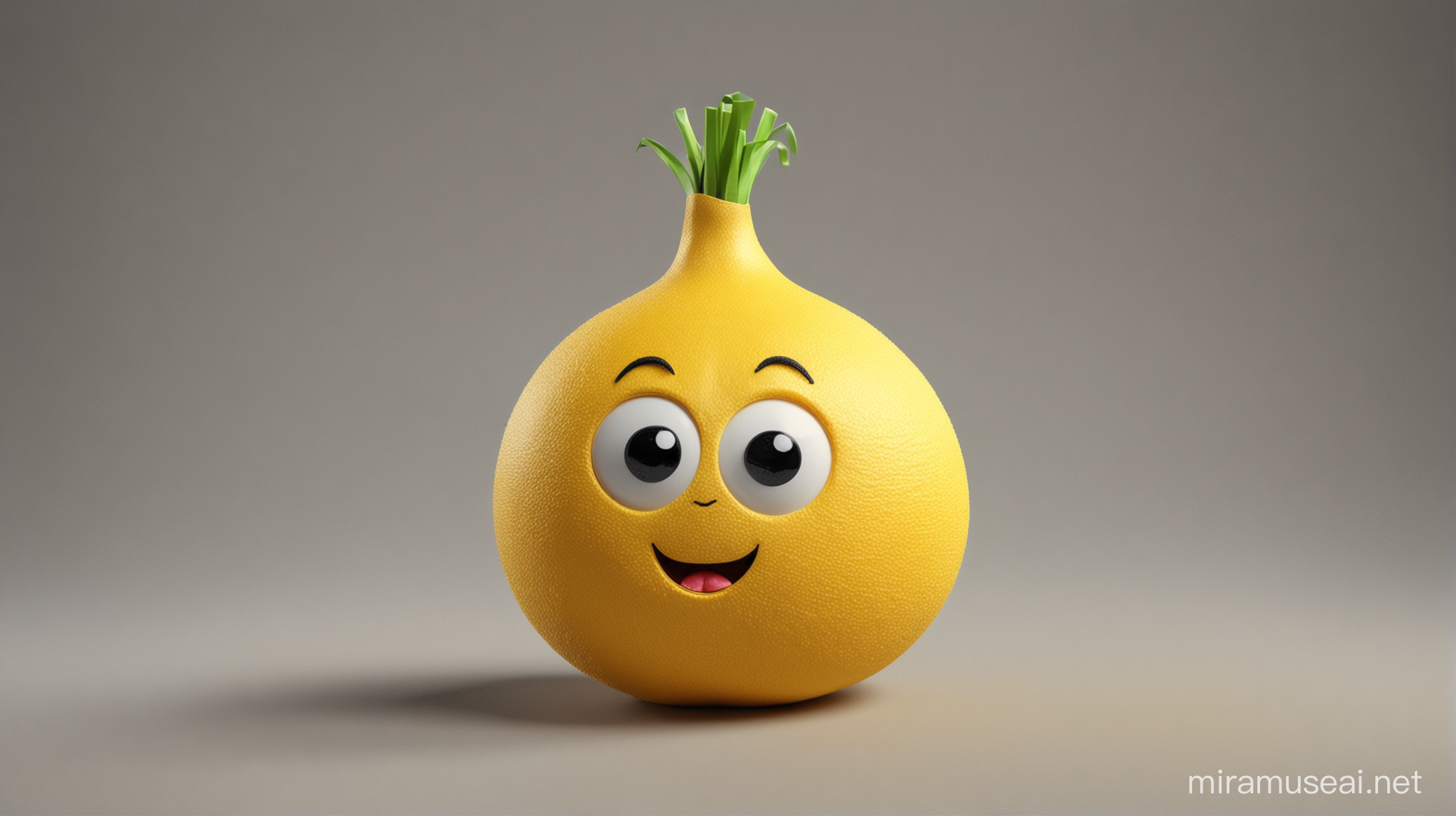 make yellow 3D, stuffed toy the shape of an onion, with no mouth, two simple black cylinders for eyes, plain background