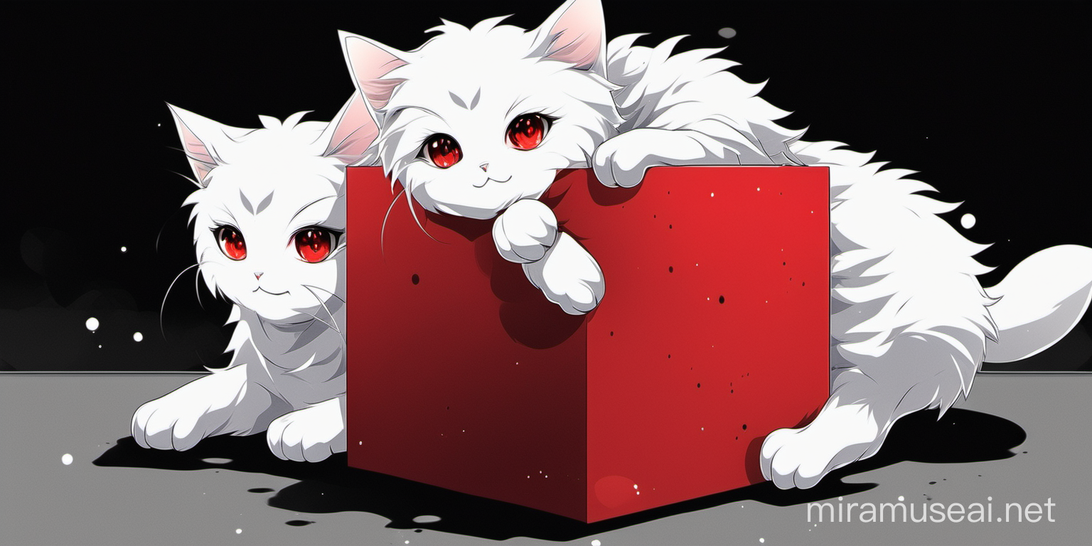 Playful Fluffy White Cats with Red Cube in Anime Style on Black Background