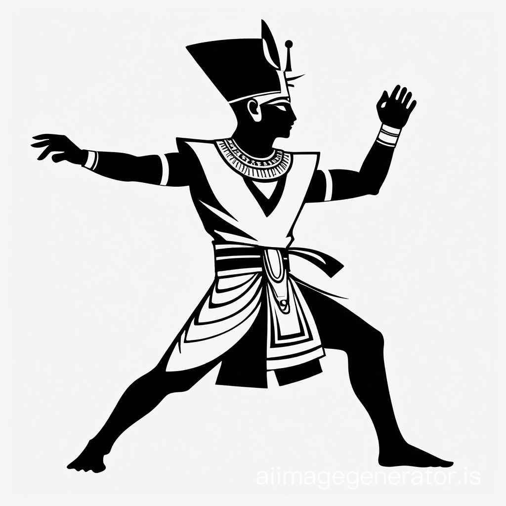 create a silhouette of a Pharoah with a tut ankh amoun crown conducting a karate step through front stance high kick on a white background for a logo