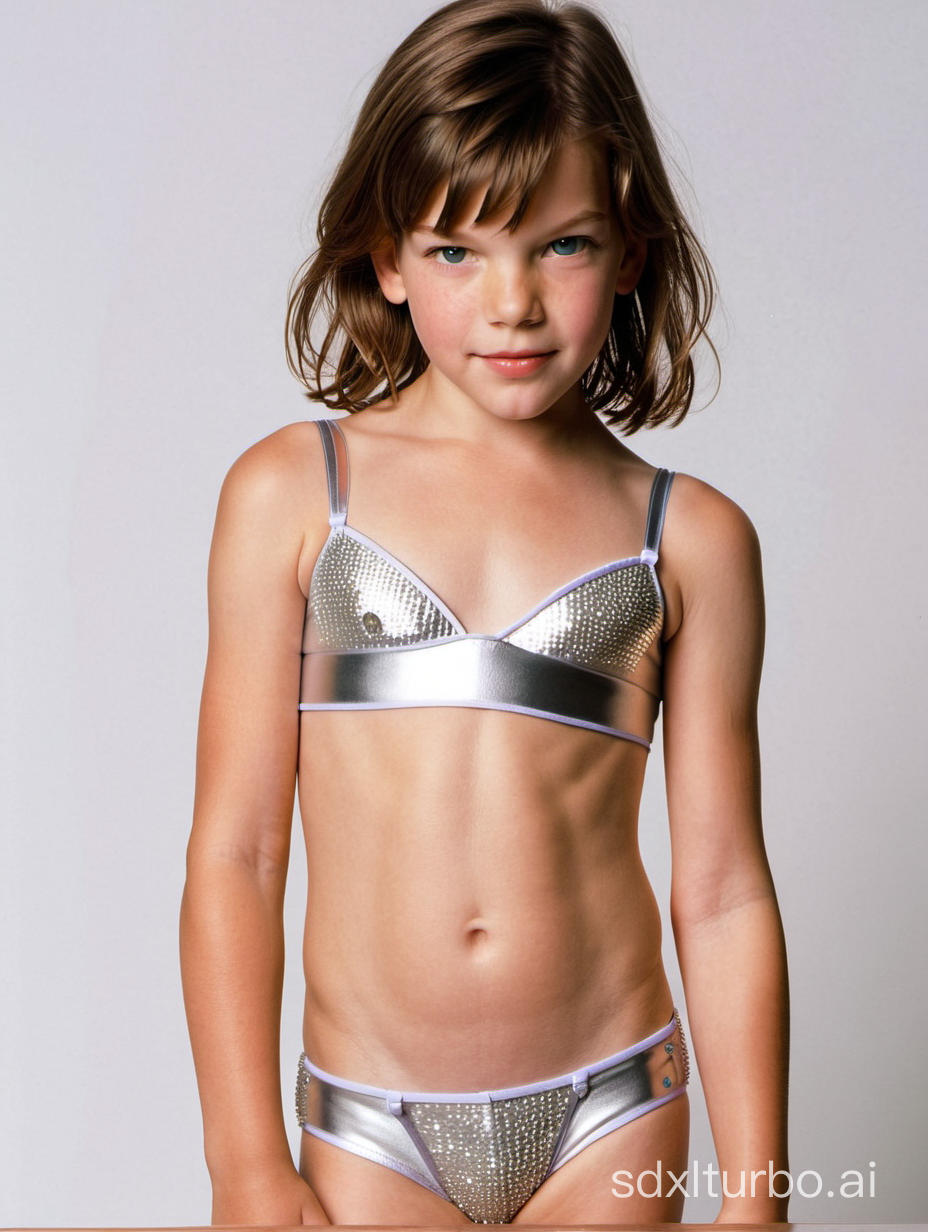 Milla Jovovich at 7 years old, flat chested, muscular abs, showing her belly, diamonds