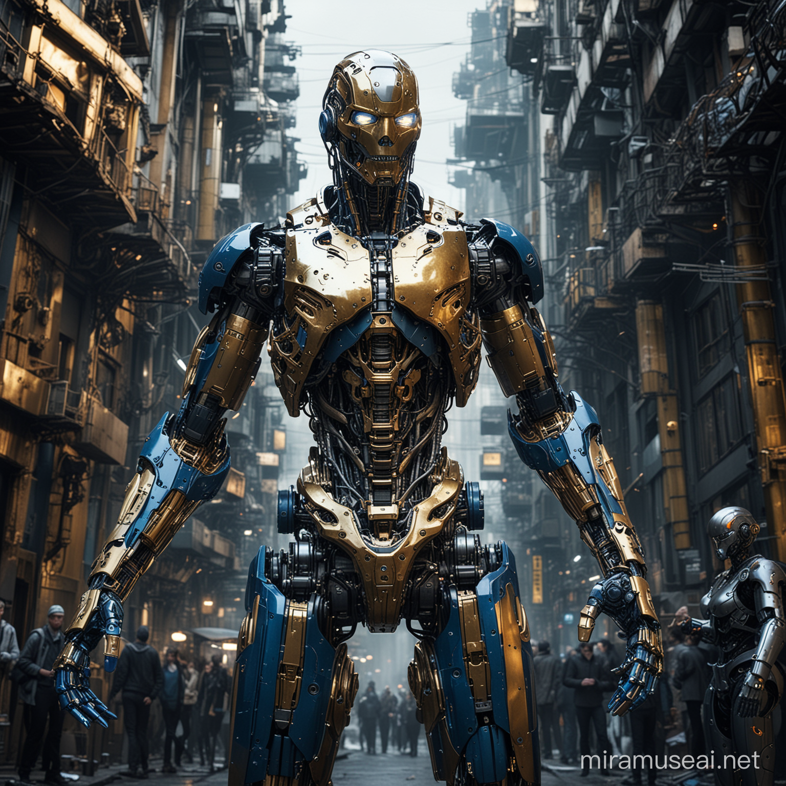 The complex, mechanical cyborg with a background depicting a war between cyborgs, with a view from below to make it look taller and more imposing, with enhanced lighting effects to highlight its details, shown in the 3D image. Various meticulously crafted mechanical parts come together to form a standing human body. Gold and dark blue metallic colors dominate. Street photography style, sigma 85mm f/8 lens.
