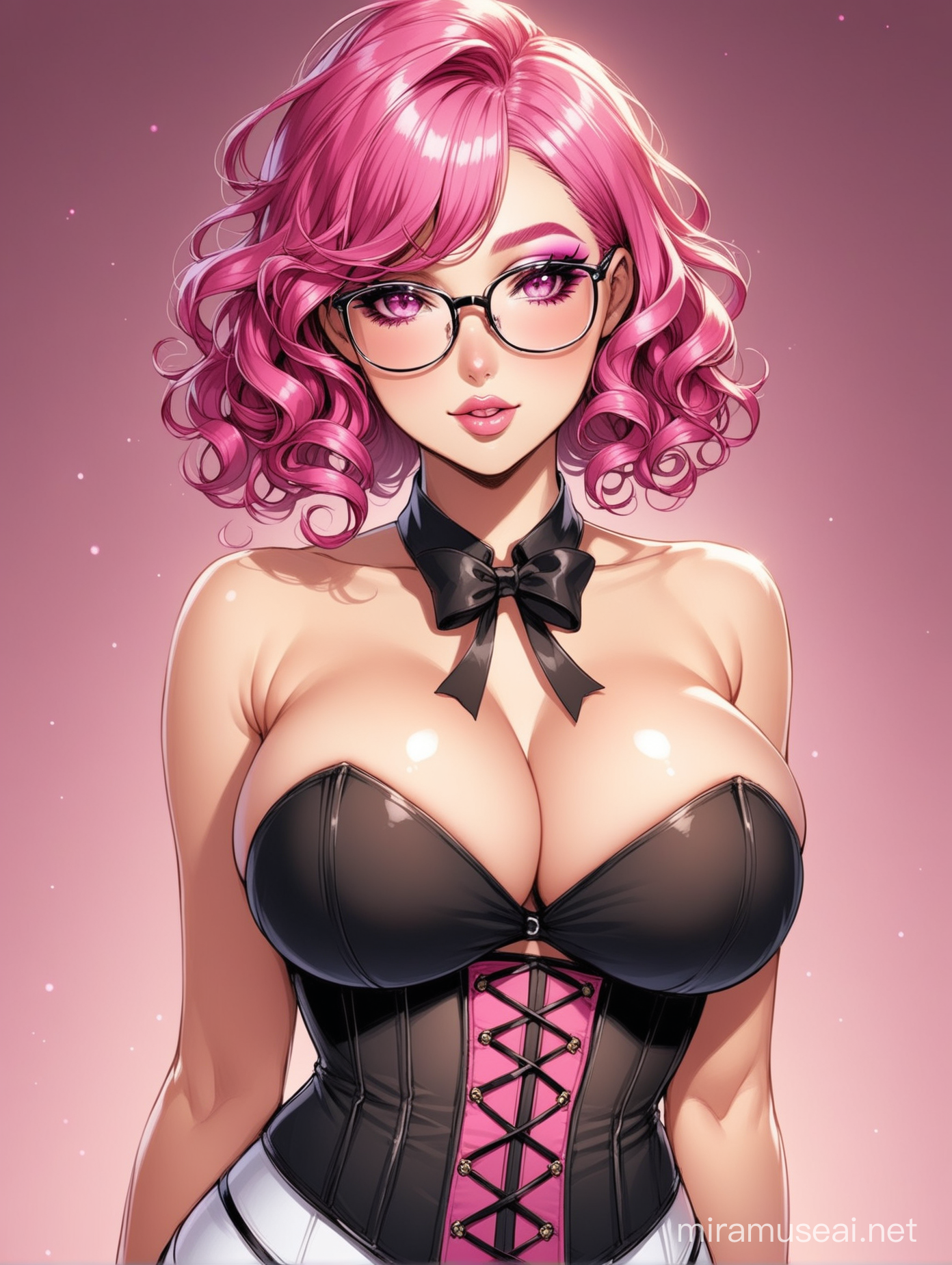 Short curly pink hair,glasses,gorgeous,wearing makeup,big breast,wearing a sexy corset
