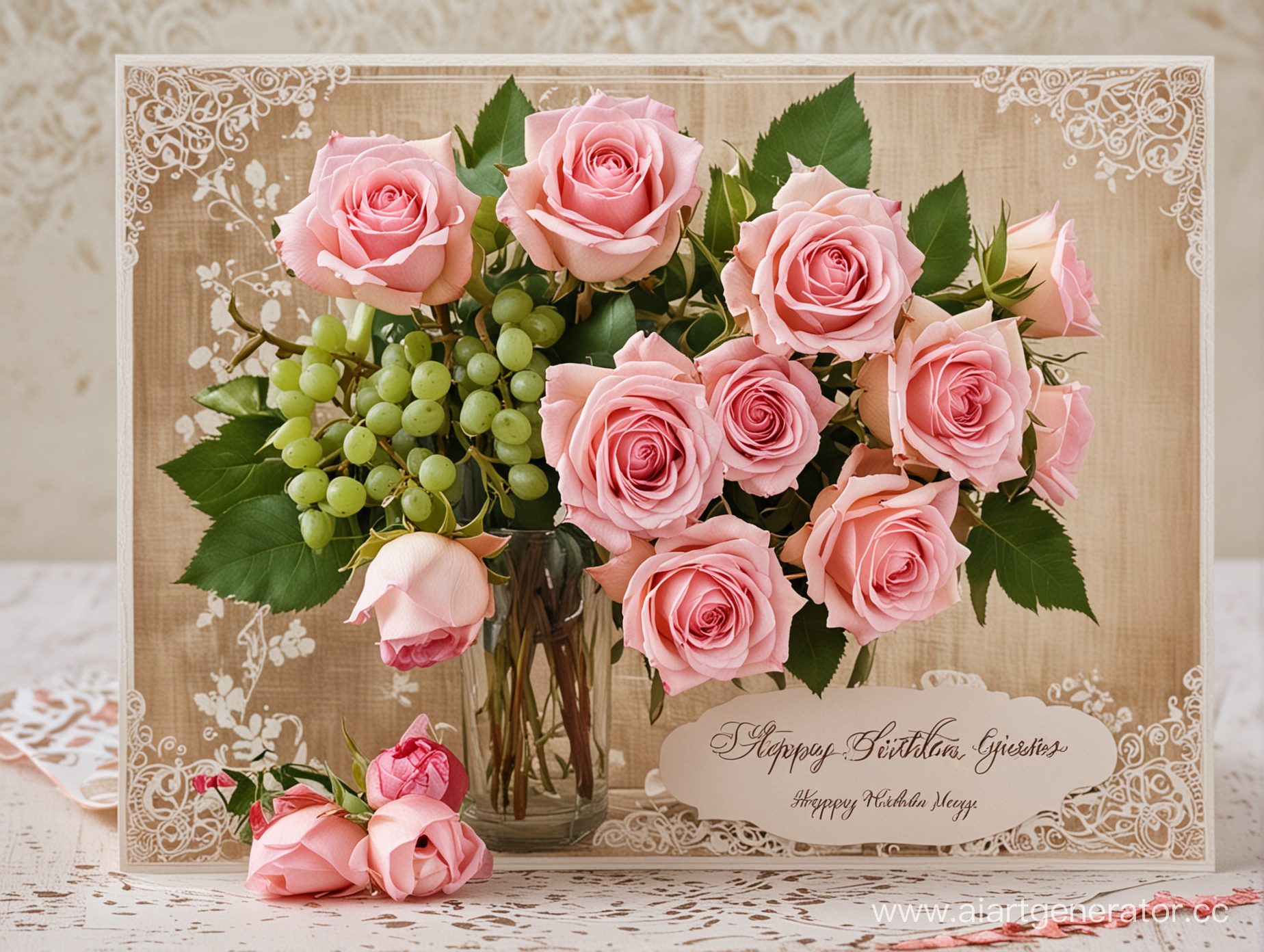Красивая открытка букет роз на фоне винограда поздравление с днём рождения сестре Наташе