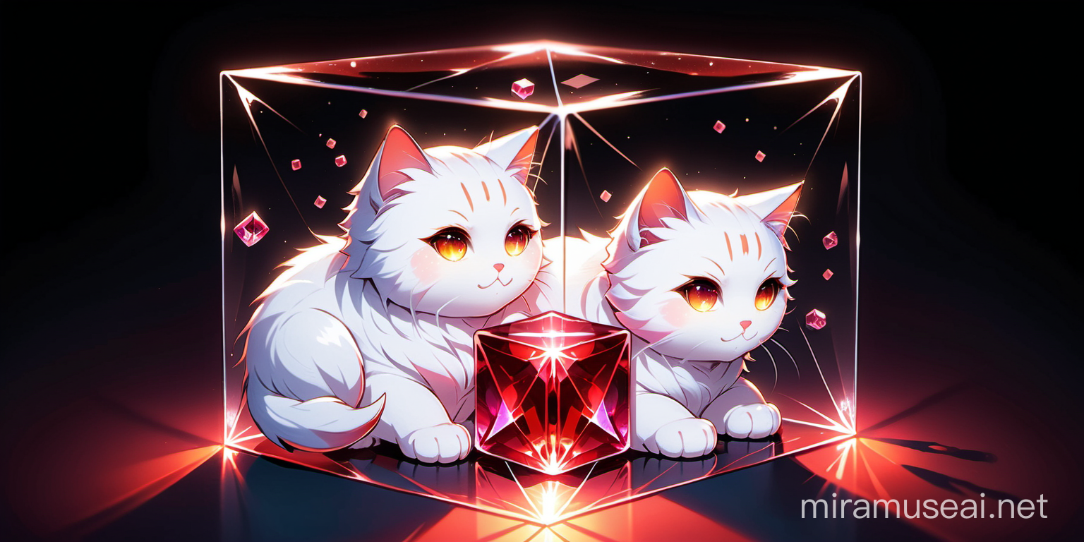 anime style two white very fluffy cats playing with glowing red crystal cube. one cat lays down and peeks in the left side if the cube. second cat hugs the right side of the cube