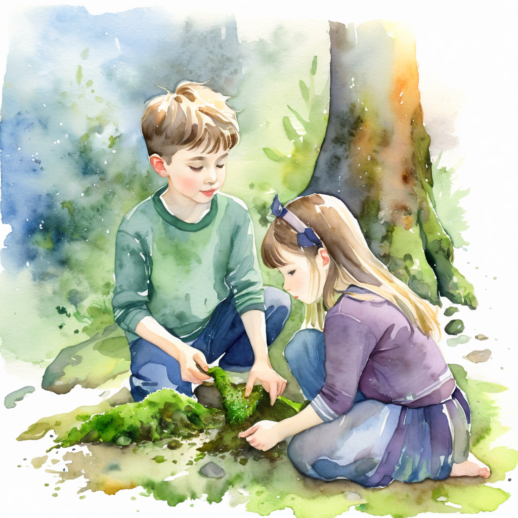 watercolor of boy and girl looking at moss on the ground.  strong influence of reference
