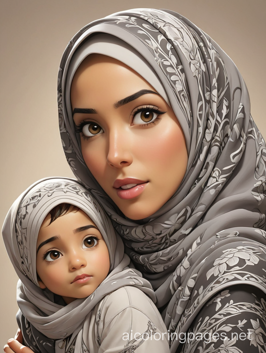 (most beautiful masterpiece), (best quality), ((The art of character design)), ((J. Scott Campbell art style)), ((An image of  Muslim mother with hijab and her son)), ((A cute scene)), ((Hyperdetailed Vintage Art)), ((finished sketch)), ((Beautiful Artistic coloring)), --stylize 200 --niji 5, Coloring Page, black and white, line art, white background, Simplicity, Ample White Space. The background of the coloring page is plain white to make it easy for young children to color within the lines. The outlines of all the subjects are easy to distinguish, making it simple for kids to color without too much difficulty