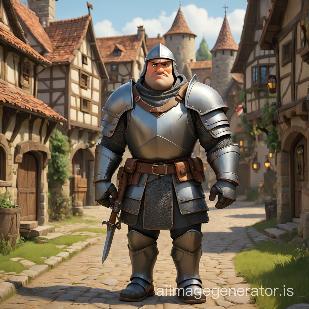 medieval armored bodyguard + medieval village  + Pixar CGI style