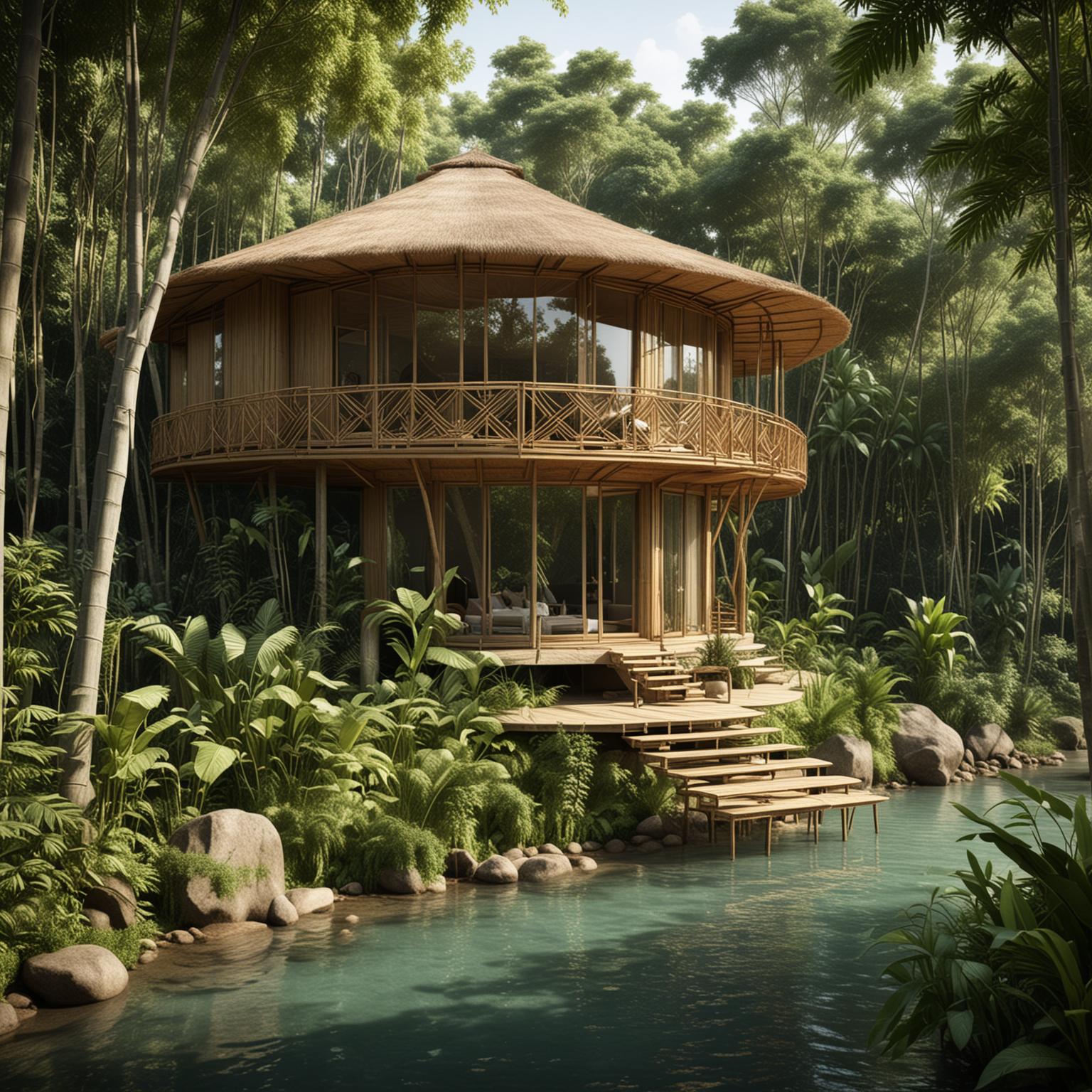  a small villa made out of bamboo in a tropical forest near a river, one story height, The over design of the structure should be modern and with organic shapes, it must be created using sacred geometry into consideration for the proportions and aesthetics of the villa. it need to have walls and big windows, it should have a deck area outside for people to overlook the jungle