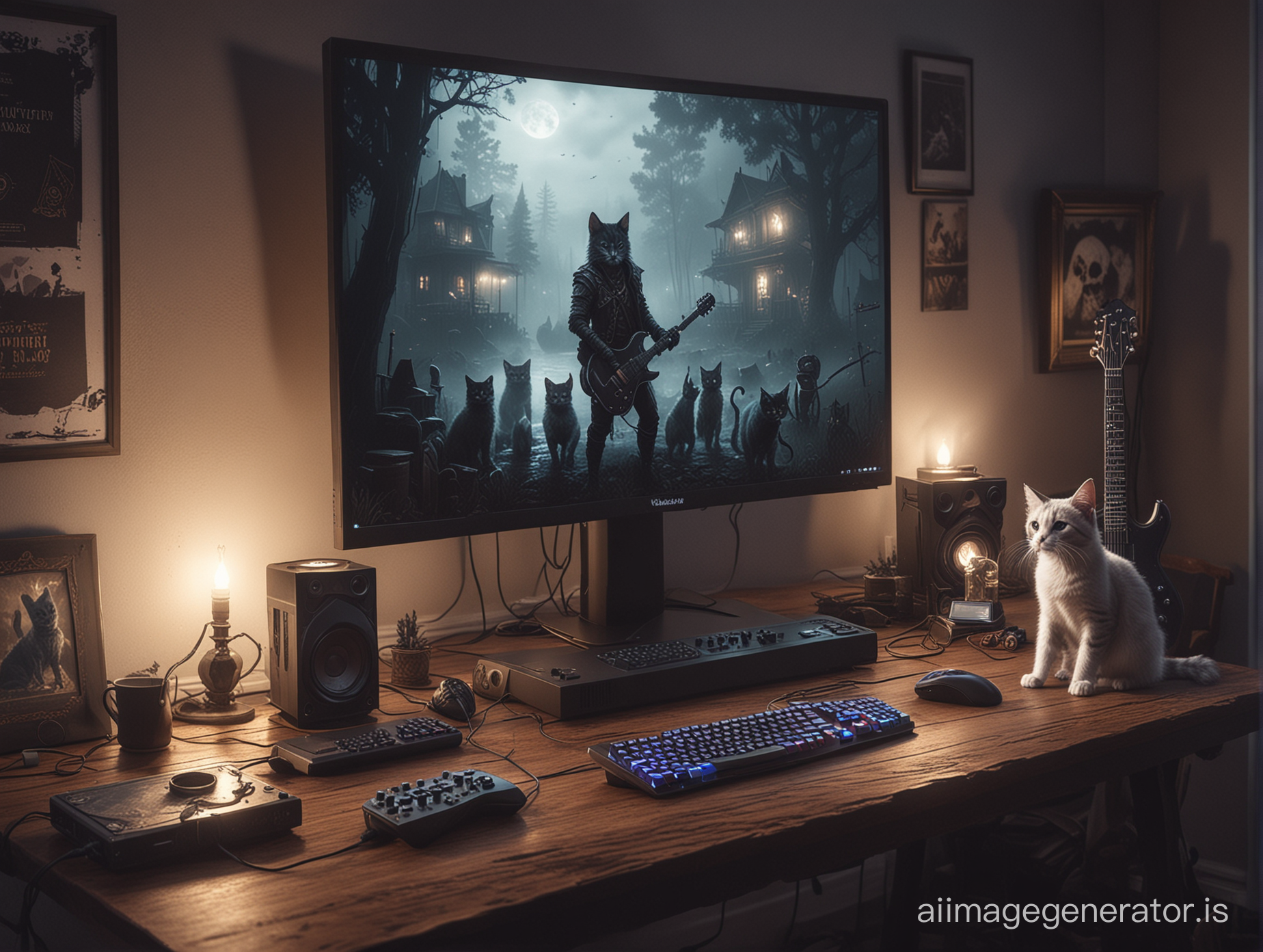 powerfull gaming pc standing on a table, twitch horror game on a monitor, evening room in a fog, kittens, warlock guitar