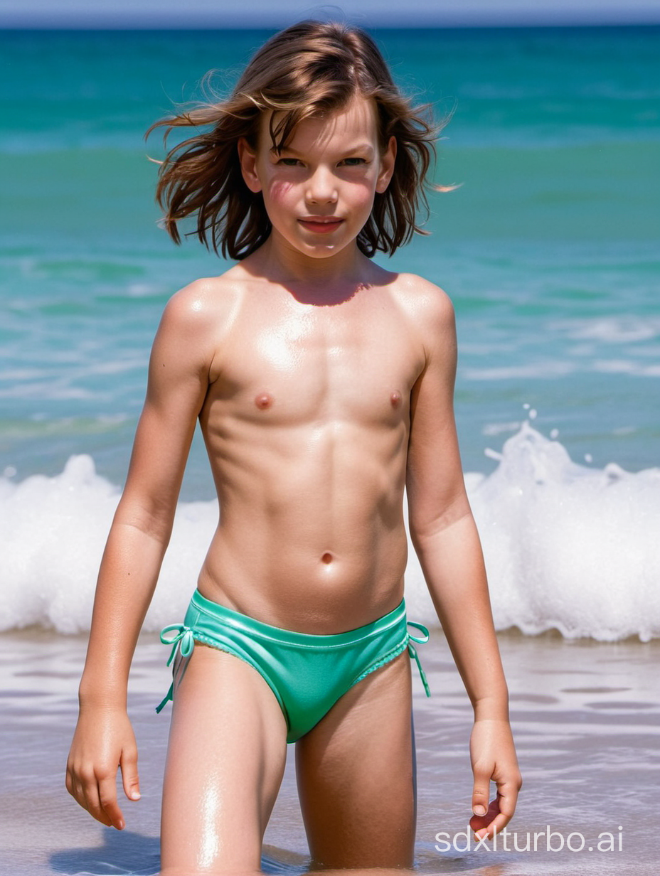 Milla Jovovich at 7 years old, flat chested, muscular abs, showing her belly, beach