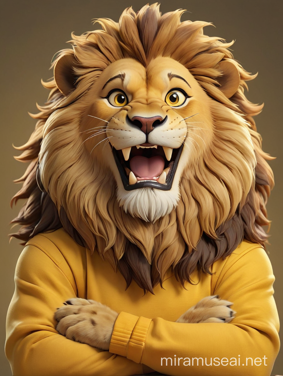 Smiling Realistic Lion Wearing Yellow Sweatshirt with Arms Crossed