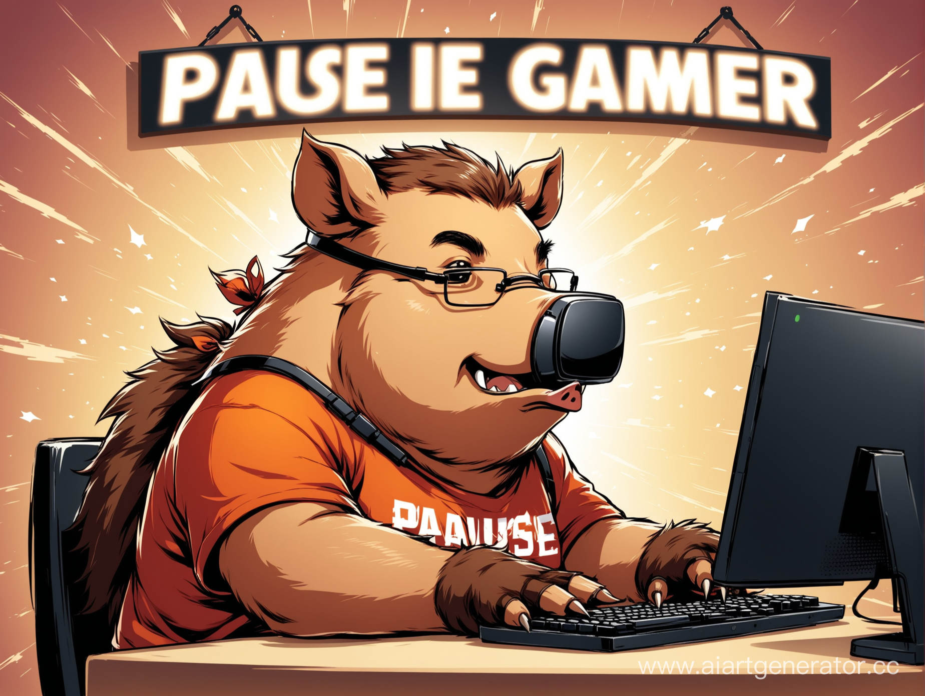кабан геймер, он играет в компьютерные игры , на фоне вывеска с надписью "pause" 