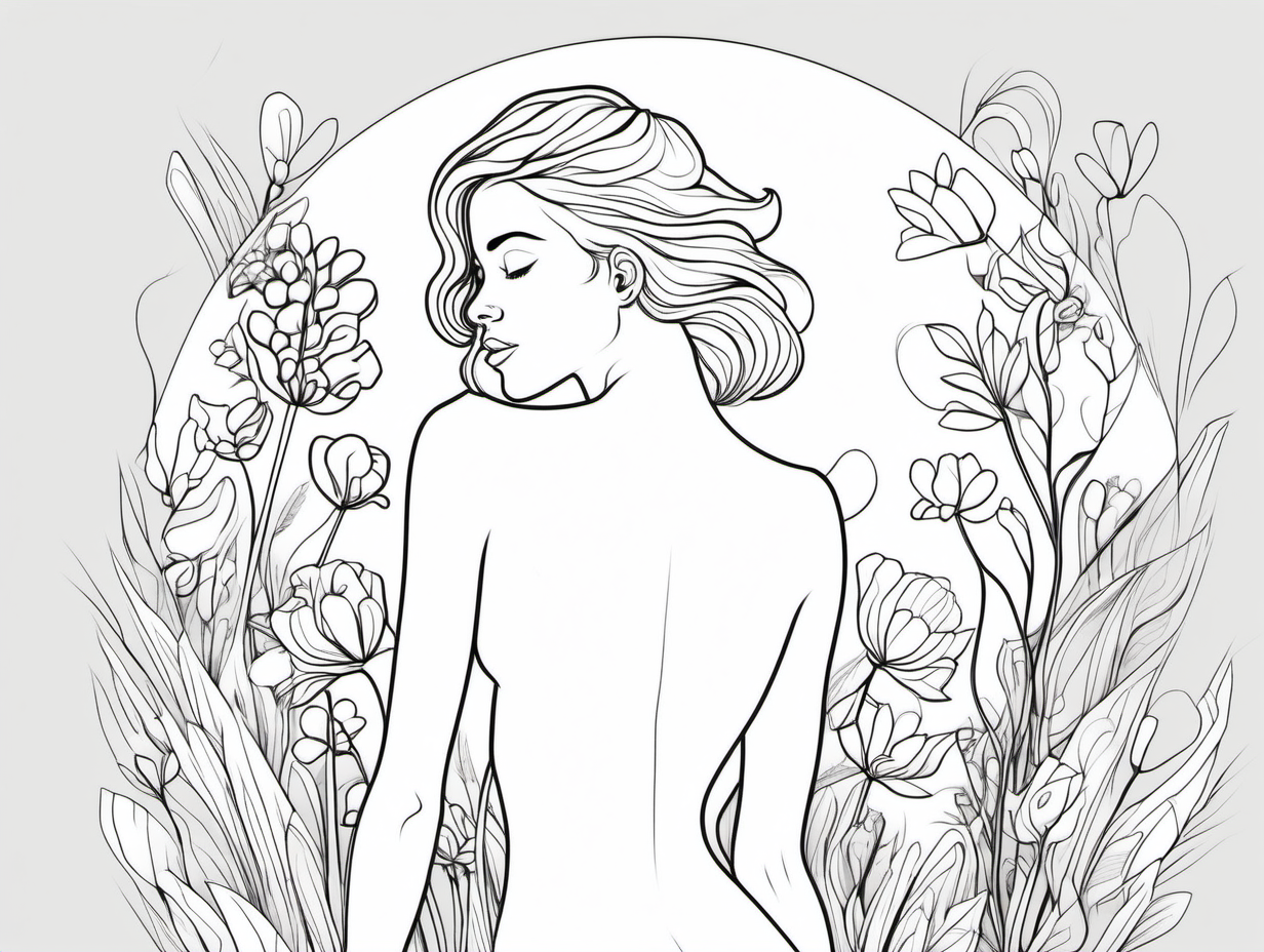 line art, minimalist spring, topless woman for coloring
