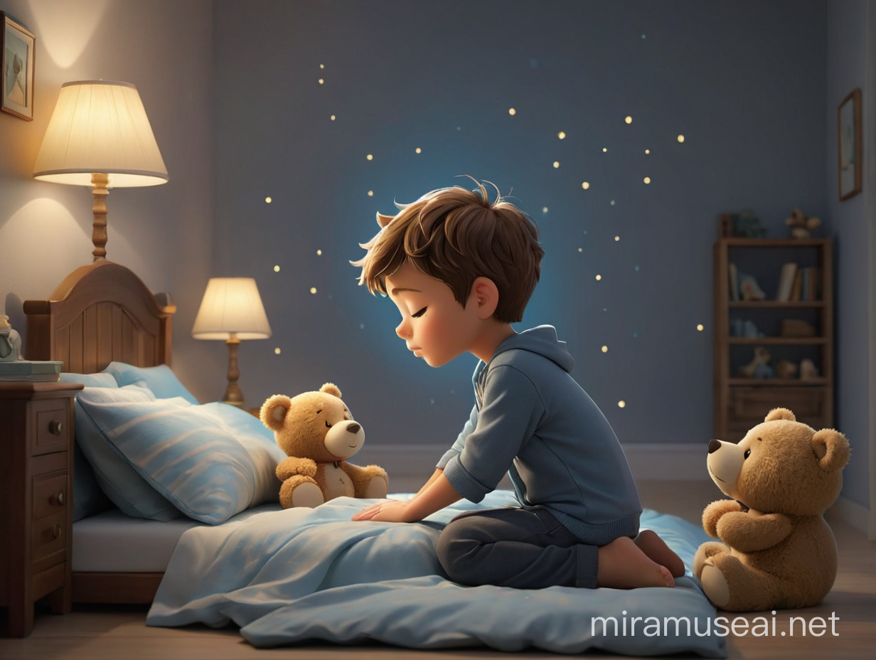 generate 3D image of a little cute boy closed his eyes kneeling down by his bed side praying before going to sleeping on a side view, a teddy bear also praying beside him on a side view, a soft beam of light emitting from above him. night time. full length shot. distance view, soft lighting