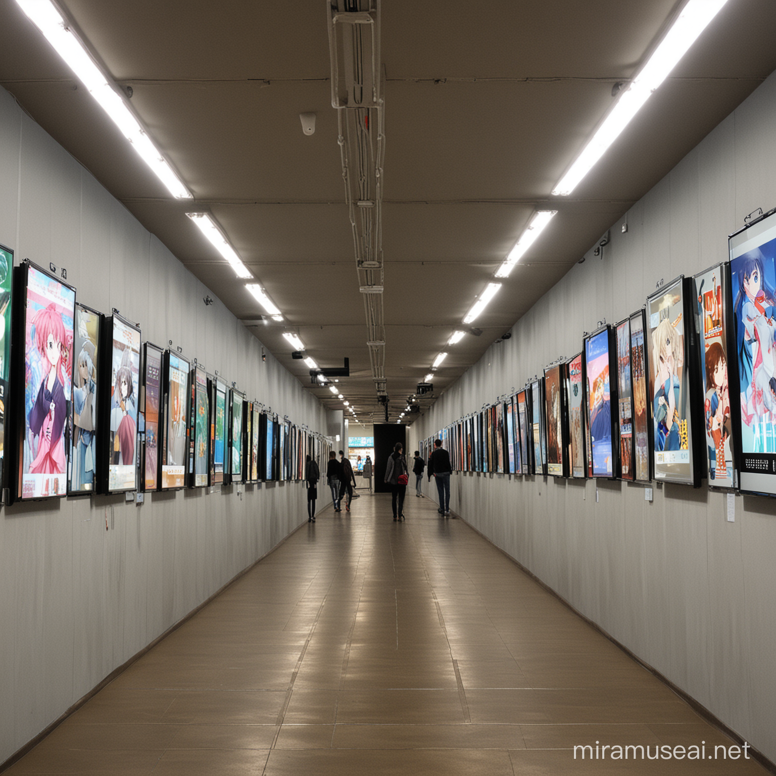 地下展厅，主要用作动漫作品展示，墙壁两侧有电子显示屏