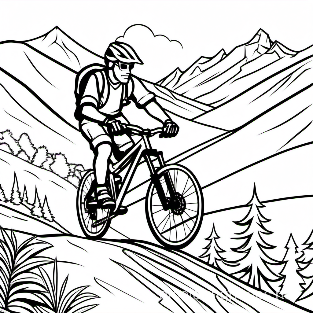 man on a mountainbike going downhill in mountains, Coloring Page, black and white, line art, white background, Simplicity, Ample White Space. The background of the coloring page is plain white to make it easy for young children to color within the lines. The outlines of all the subjects are easy to distinguish, making it simple for kids to color without too much difficulty