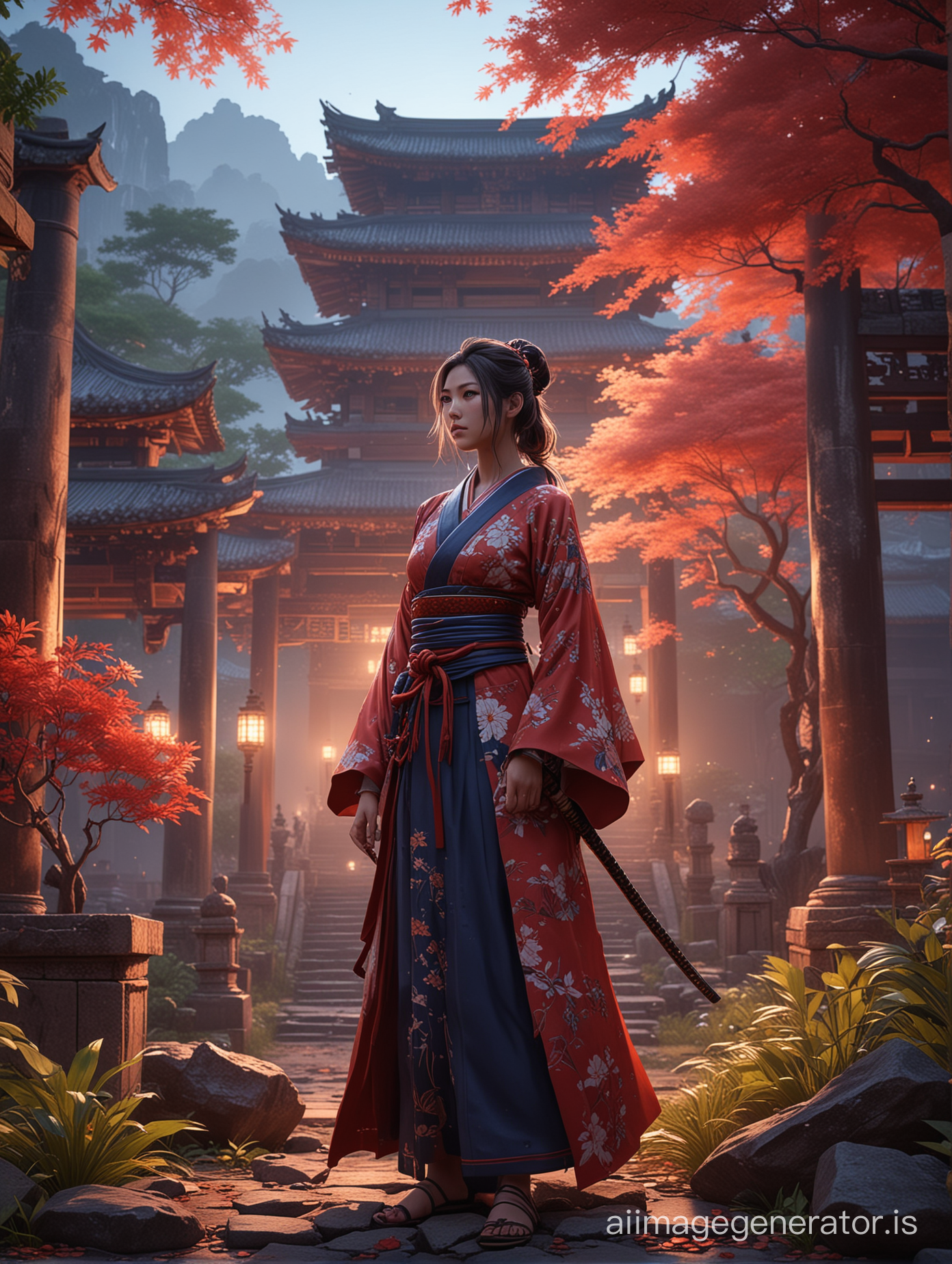 A digital art piece depicts an anime-style samurai woman in traditional attire, standing amidst vibrant foliage and ancient temple ruins at dusk. Rendered in the style of hyperdetailed and realistic rendering, with light red and indigo colors. Cultural themes from East Asia are depicted in the romantic scenery. The piece utilizes Unreal Engine 5 to create surreal dream-like scenes lit by studio lighting. I can't believe how beautiful the digital artwork is