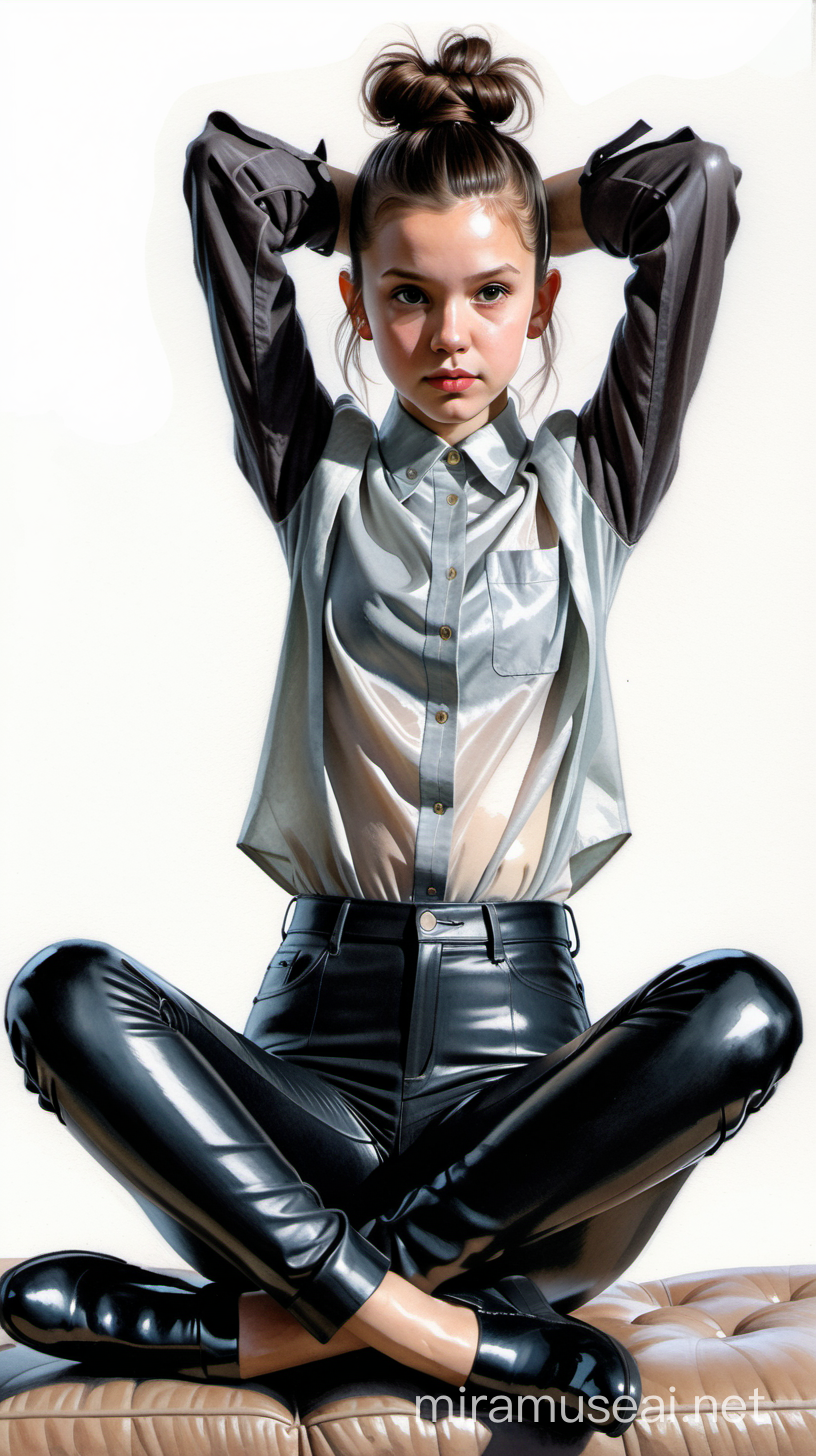 Alex Maleev illustration depicting evilly smirking young Millie Bobby Brown wearing school blouse and shiny tight black leather pants, arms over her head, gray flat pumps, bun hair, sitting legs crossed on a rotting couch, watercolor, white background, no distortion, gray palette, insanely high detail, very high quality, seen from below