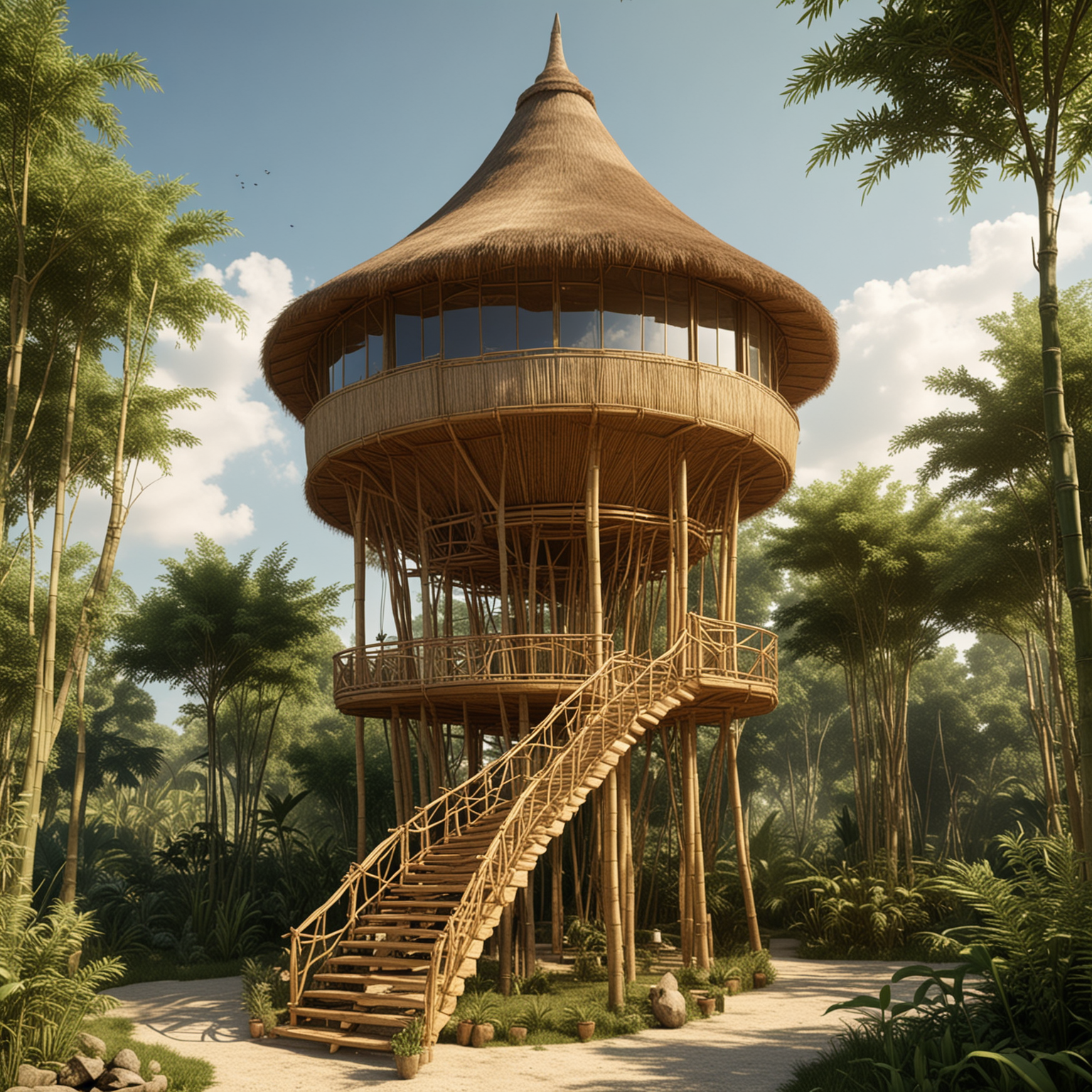 a small bamboo villa elevated 25' high, supported by a high hyperbolic tower made out of bamboo poles, with a roof that has an organic and curved shape,  it must have walls and lots of windows around, the stairs leading up to the villa should be inside the hyperbolic tower 