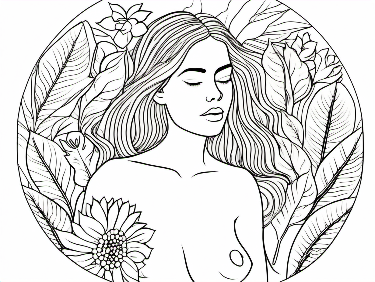 minimalist, line art, spring clipart, topless woman for coloring