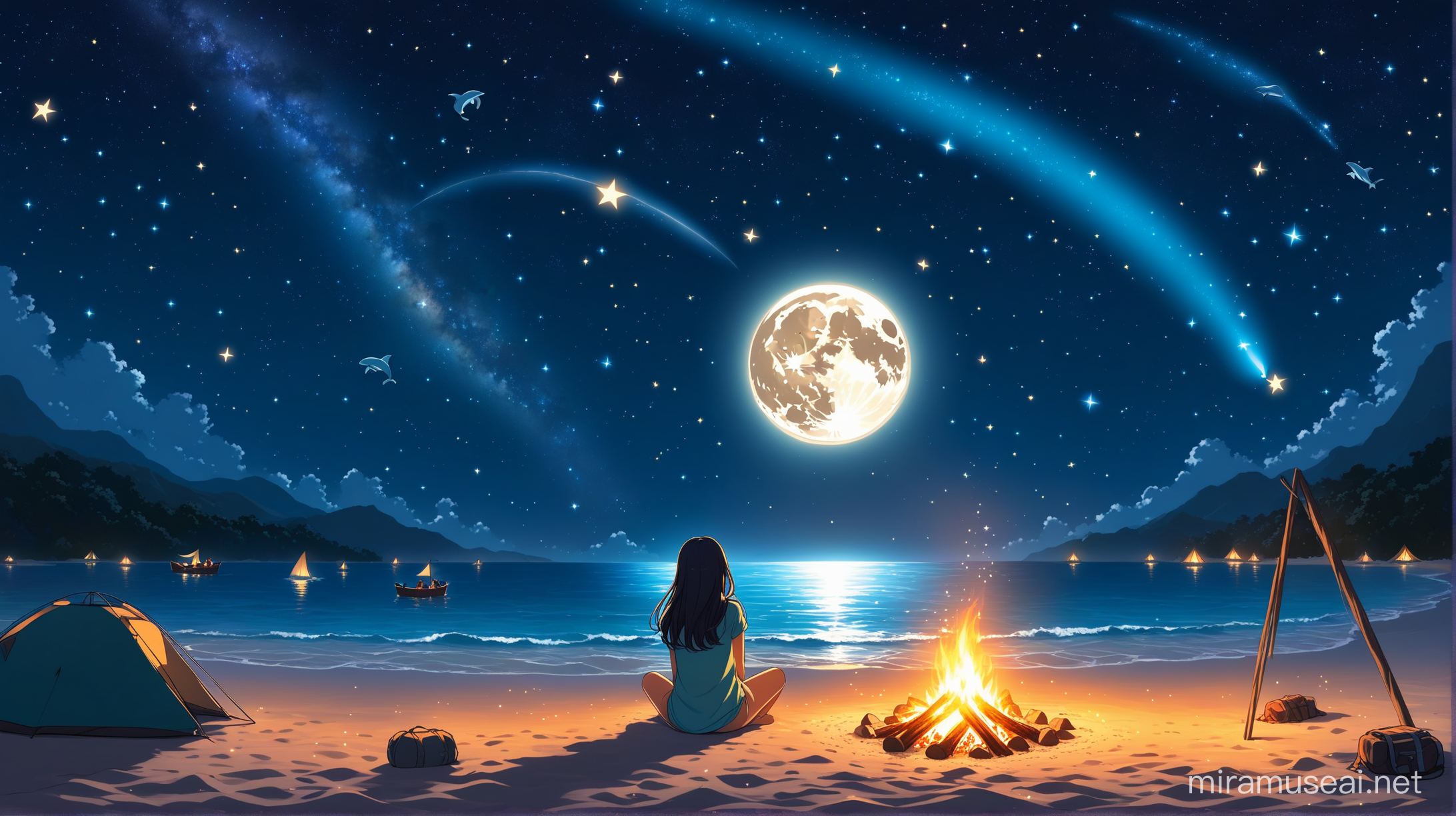 a girl sitting infront of a camp fire in 
 the beach under the sky with full of stars and bright moon. Surroundings are having glowworms and dolphins are playing with joy. 
