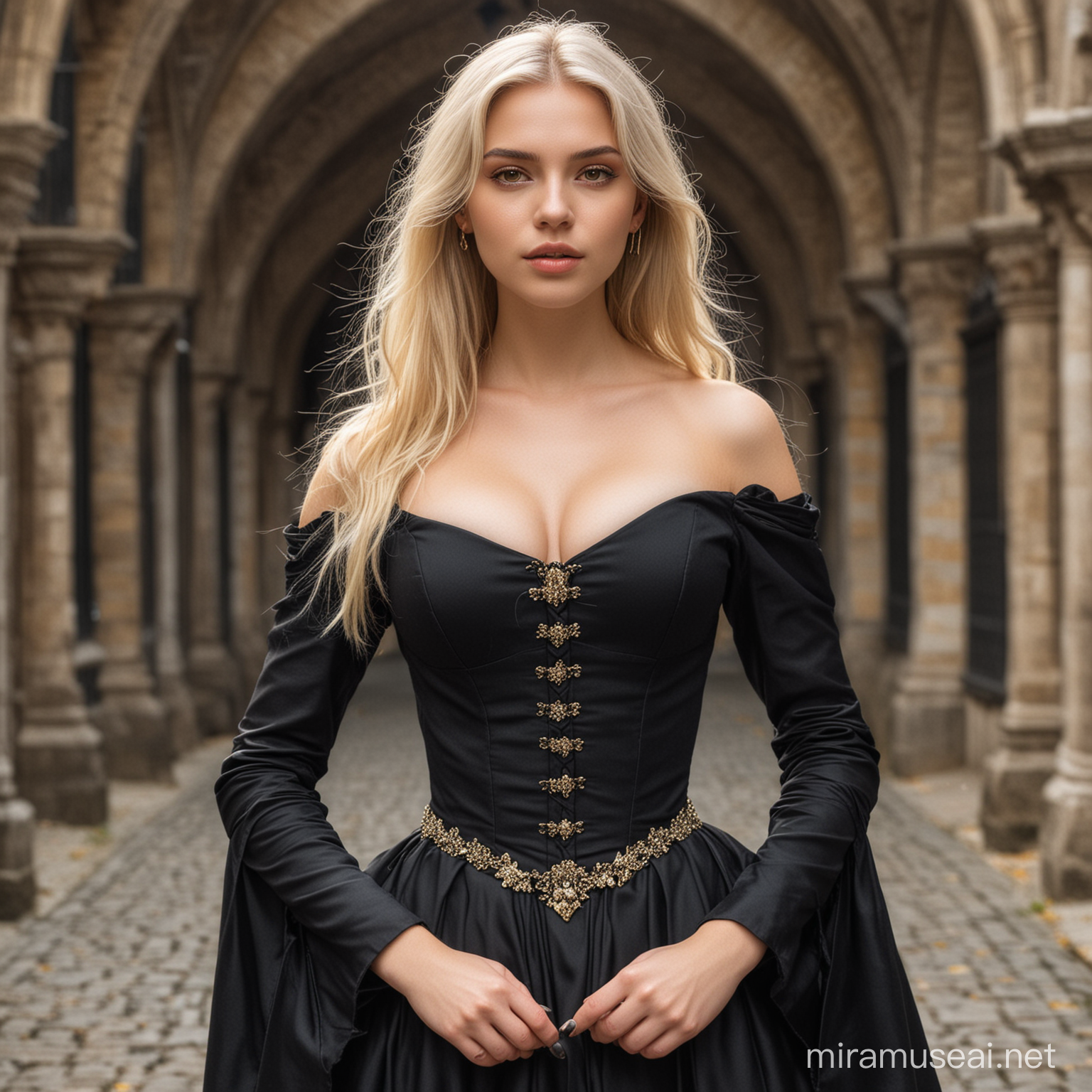 young beautiful woman who possesses light blonde hair that reaches to her waist and yellow eyes. She wears a black medieval dress that expose her shoulders and the upper part of her big chest. She wears high heels. 


