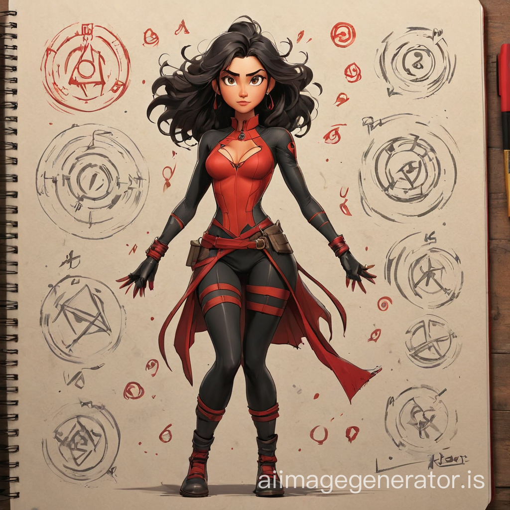 Sketchbook Style, Sketch book, hand drawn, dark, gritty, realistic sketch, Rough sketch, mix of bold dark lines and loose lines, bold lines, on paper, turnaround character sheet, stretchy woman
, red and black outfit, Full body, arcane symbols, runes, stretch theme, Perfect composition golden ratio, masterpiece, best quality, 4k, sharp focus. Better hand, perfect anatomy. by With Design In Mind