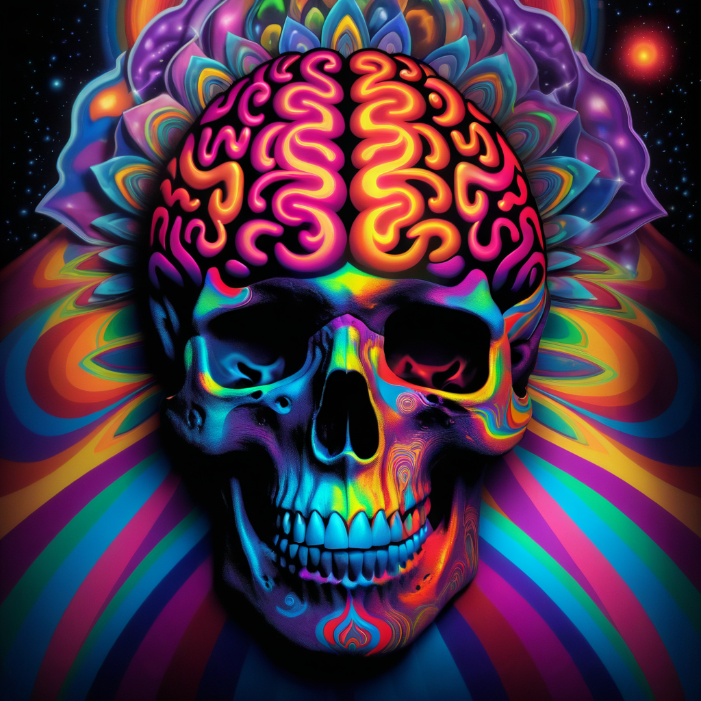 /imagine prompt:a {big brain with a glowing brain inside of it} {a brain tripping on dmt} that {psychedelic interconnections, dmt ego death, the rise of consciousness, dmt entities, dmt realm, the ayahuasca spirit, cognitive transcendence, dmt background, elevated consciousness, consciousness projection,dmt ego of death} while wearing {dmt visuals,lsd dream emulator,cgsociety,surreal psychedelic design} in {saturated colors,shamanic horror lsd art}, in {cgsociety 9,dmt trip,lsd trip,psychonaut universe} style.