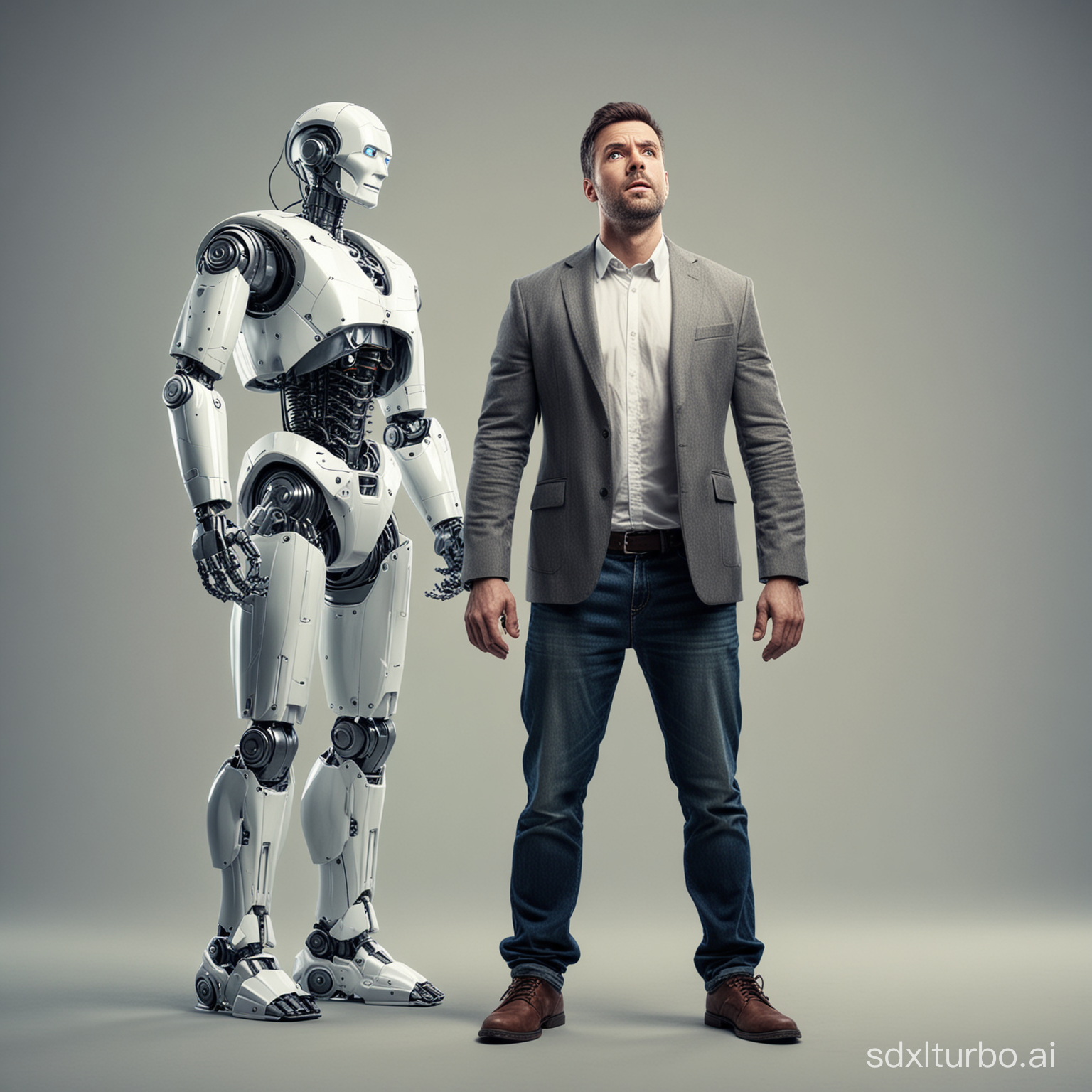 Frustrated man looking downwards, and a robot in a triumphant stance
