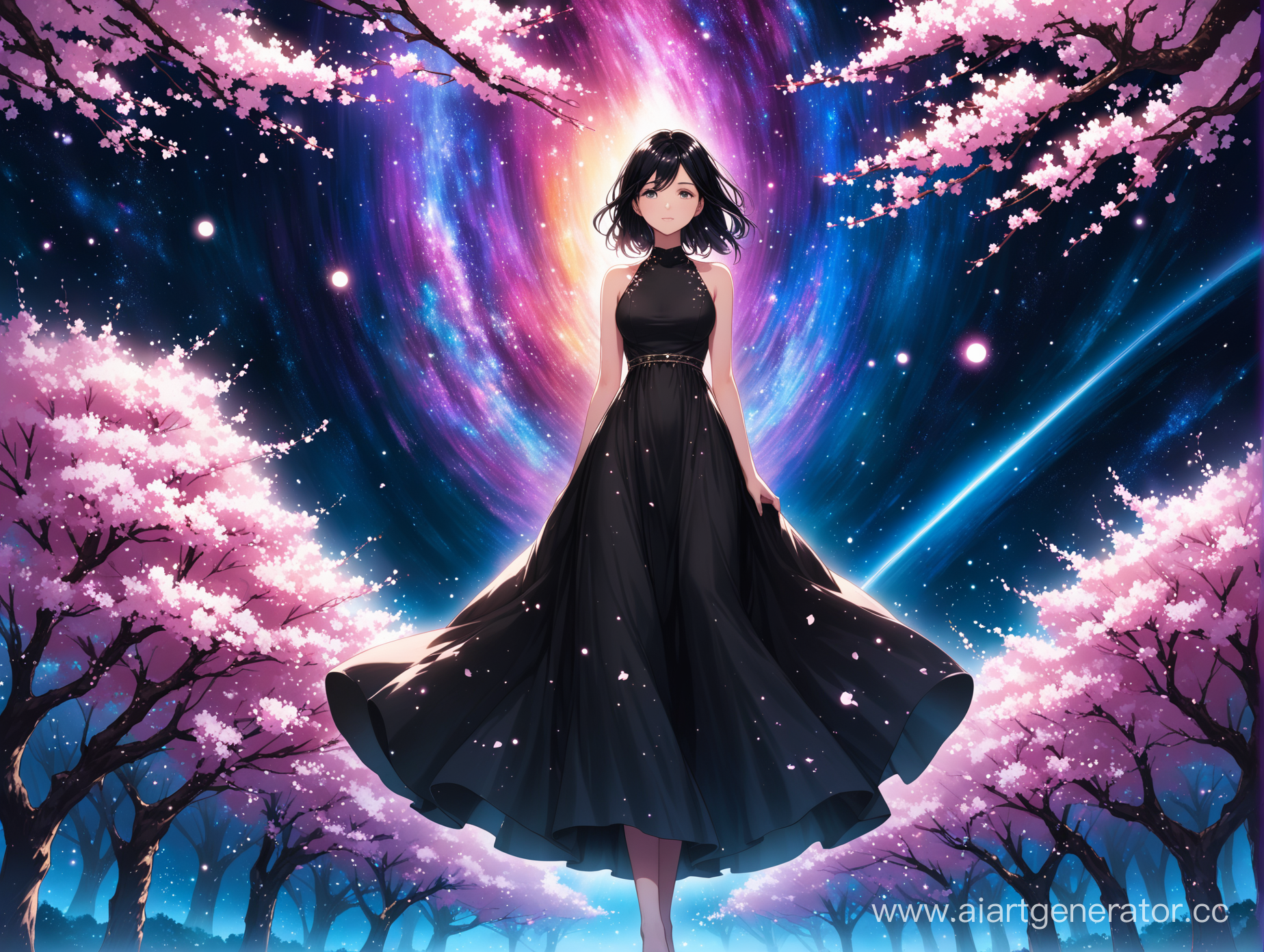 Девушка с черными волосами и черном длинном платье в полный рост возле сакуры в космосе.
