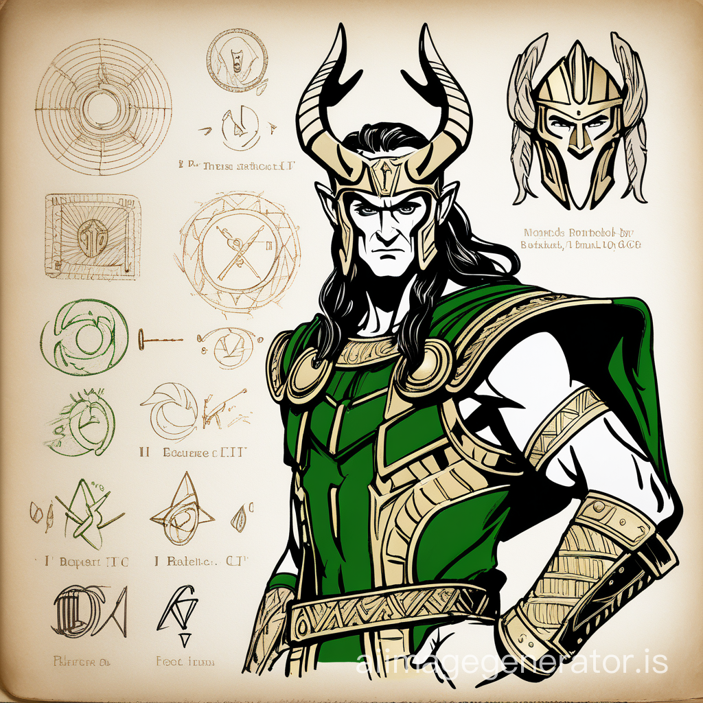 Sketchbook Style, Sketch book, hand drawn, dark, gritty, realistic sketch, Rough sketch, mix of bold dark lines and loose lines, bold lines, on paper, turnaround character sheet, greek god loki
, green and gold armor, Full body, arcane symbols, runes, trickster theme, Perfect composition golden ratio, masterpiece, best quality, 4k, sharp focus. Better hand, perfect anatomy. by With Design In Mind