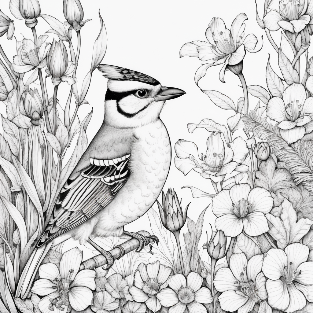Intricately Detailed Flora and Fauna Coloring Page
