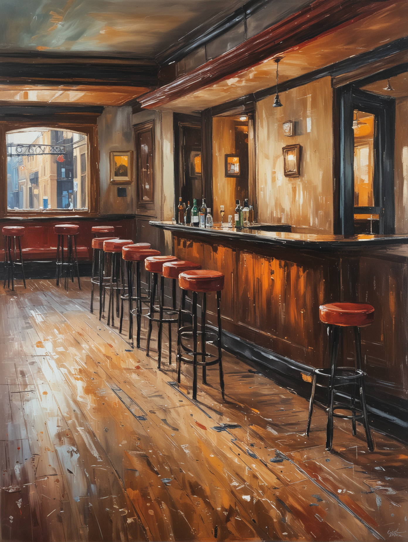 An impressionist oil painting of an empty bar