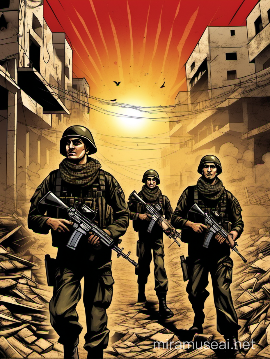 Resistance Operations: A covert, sunrise time scene in Gaza, portrayed in a style reminiscent of revolutionary propaganda art, emphasizing the determination and strategy of resistance movements.