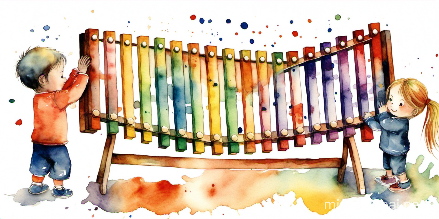 a watercolor image of little kids playing  colorful xylophone.