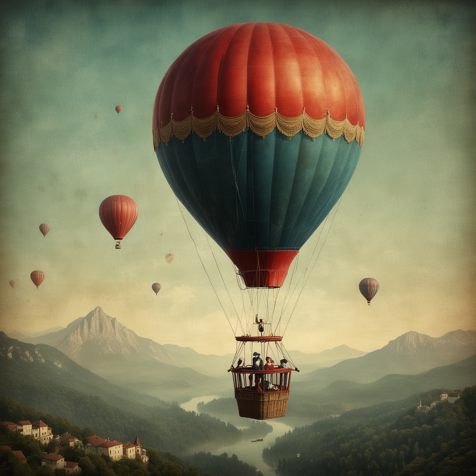 Vibrant Red and Blue Hot Air Balloon Floating in Ethereal Serenity
