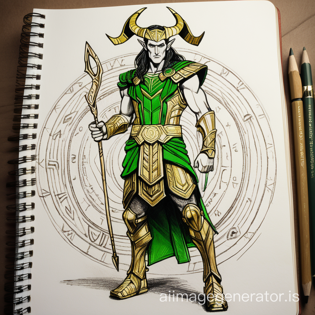 Sketchbook Style, Sketch book, hand drawn, dark, gritty, realistic sketch, Rough sketch, mix of bold dark lines and loose lines, bold lines, on paper, turnaround character sheet, greek god loki , green and gold armor, Full body, arcane symbols, runes, trickster theme, Perfect composition golden ratio, masterpiece, best quality, 4k, sharp focus. Better hand, perfect anatomy. by With Design In Mind