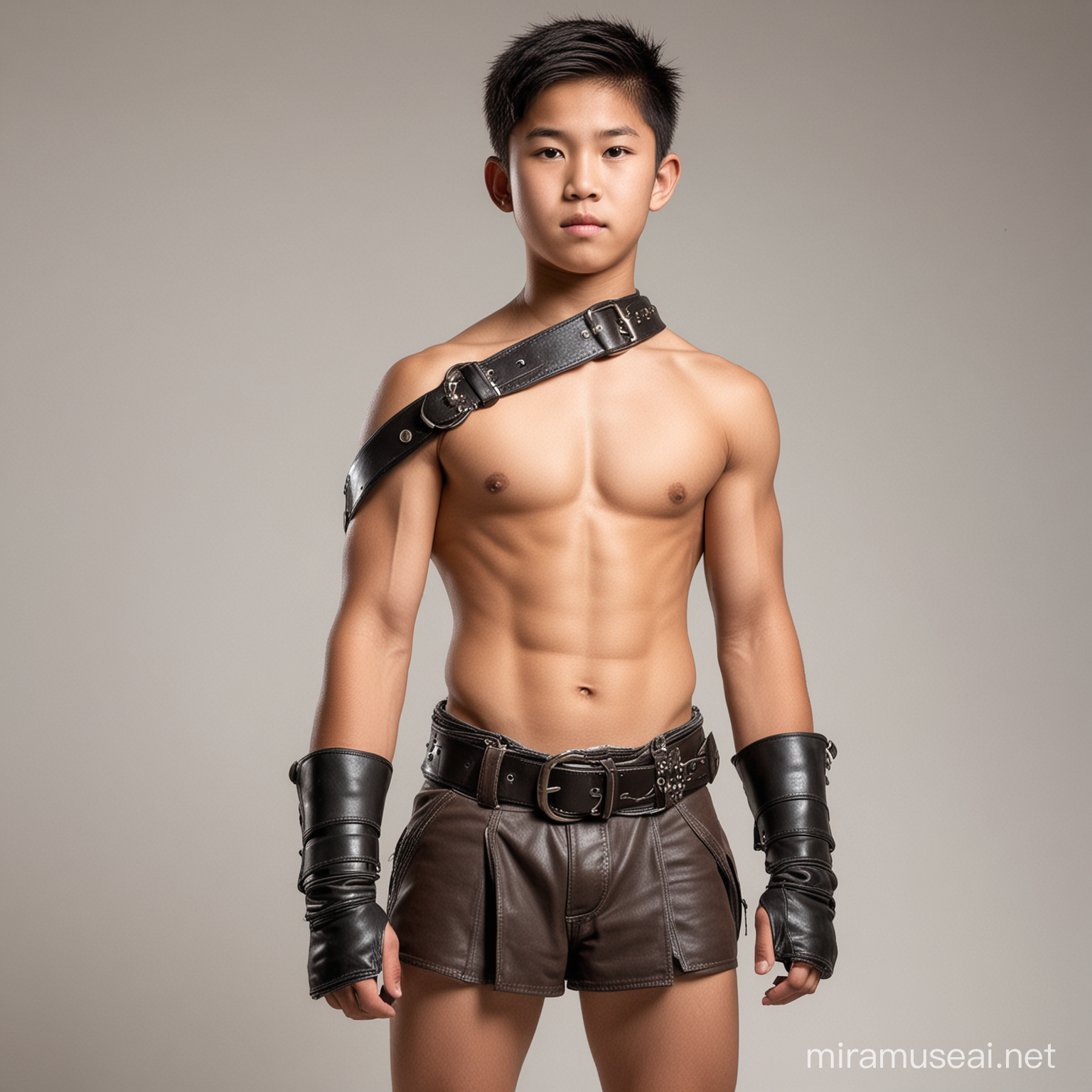 A very young asian shirtless muscular teenage boy warrior wearing a very short loincloth, a big leather belt and boots, white background.