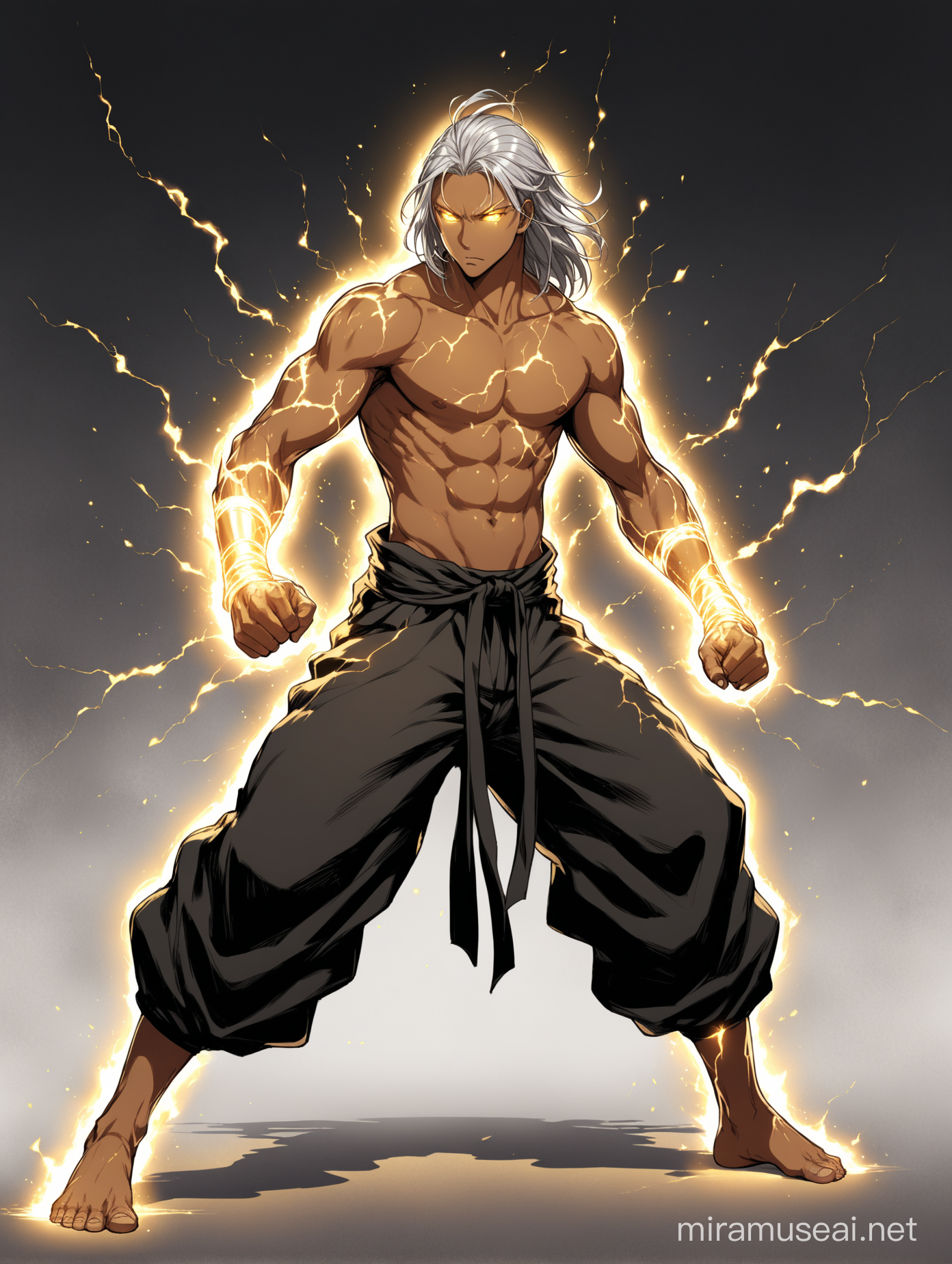 A tan man with light gray hair and golden eyes. His hair is very long, he is shirtless and there are cracks in his body that are glowing black. He has baggy pants on with wraps around them. His pants are black. He is in a fighting stance. This is a full body image, and he is facing left. His hair is long