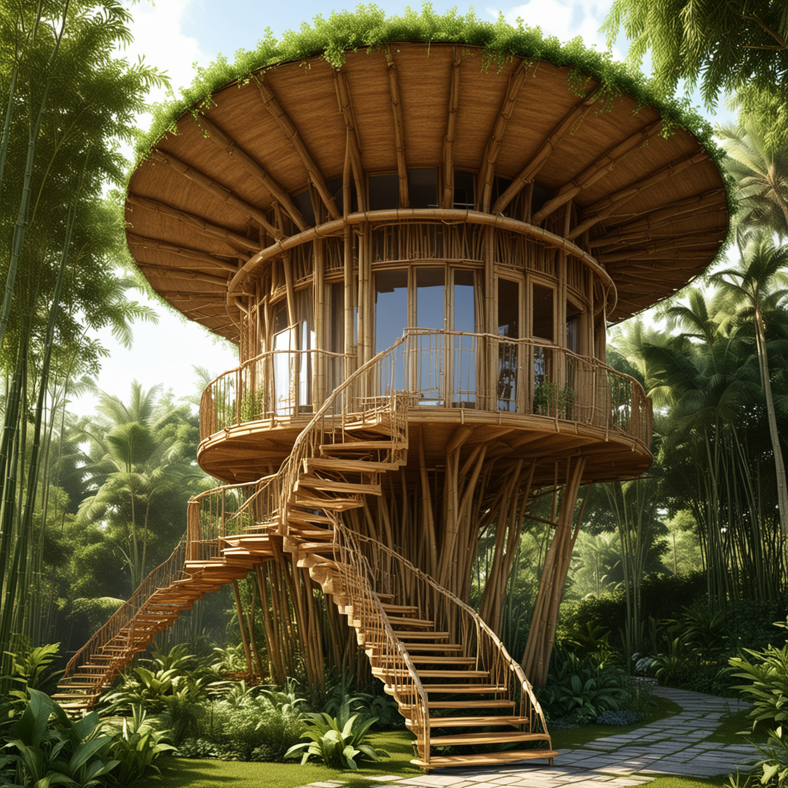 a small house made out of bamboo, elevated 25 feet high. It should have only three levels: the bottom level should be open without walls or windows, the second level will be open and should have a lounge area, the third and last level will have windows around.  hyperbolic tower made out of bamboo poles. The roof and walls  should have a contemporary architecture that has an organic and curved design .The stairs leading up to the villa should be inside the hyperbolic tower 