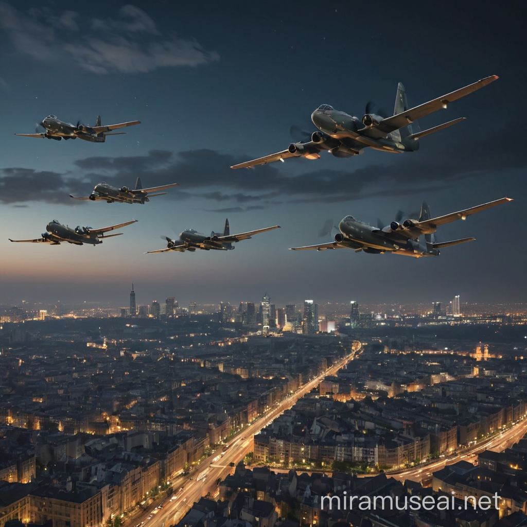 modern multiple military planes flying over city at night. some of the planes are bomber aircraft. wartime ambience 