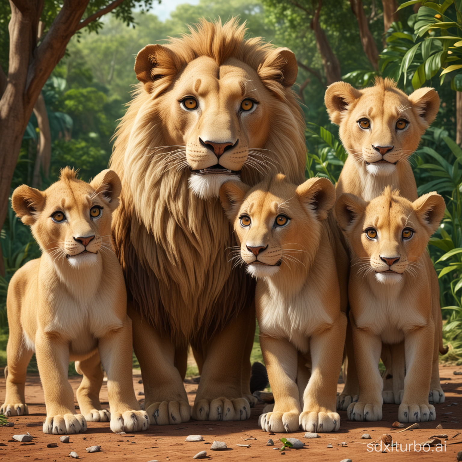 3d Madagascar old lion with his young lions in the jungle, add smily face to the young lions only not the father, lions should eat some fresh ghazal meat
