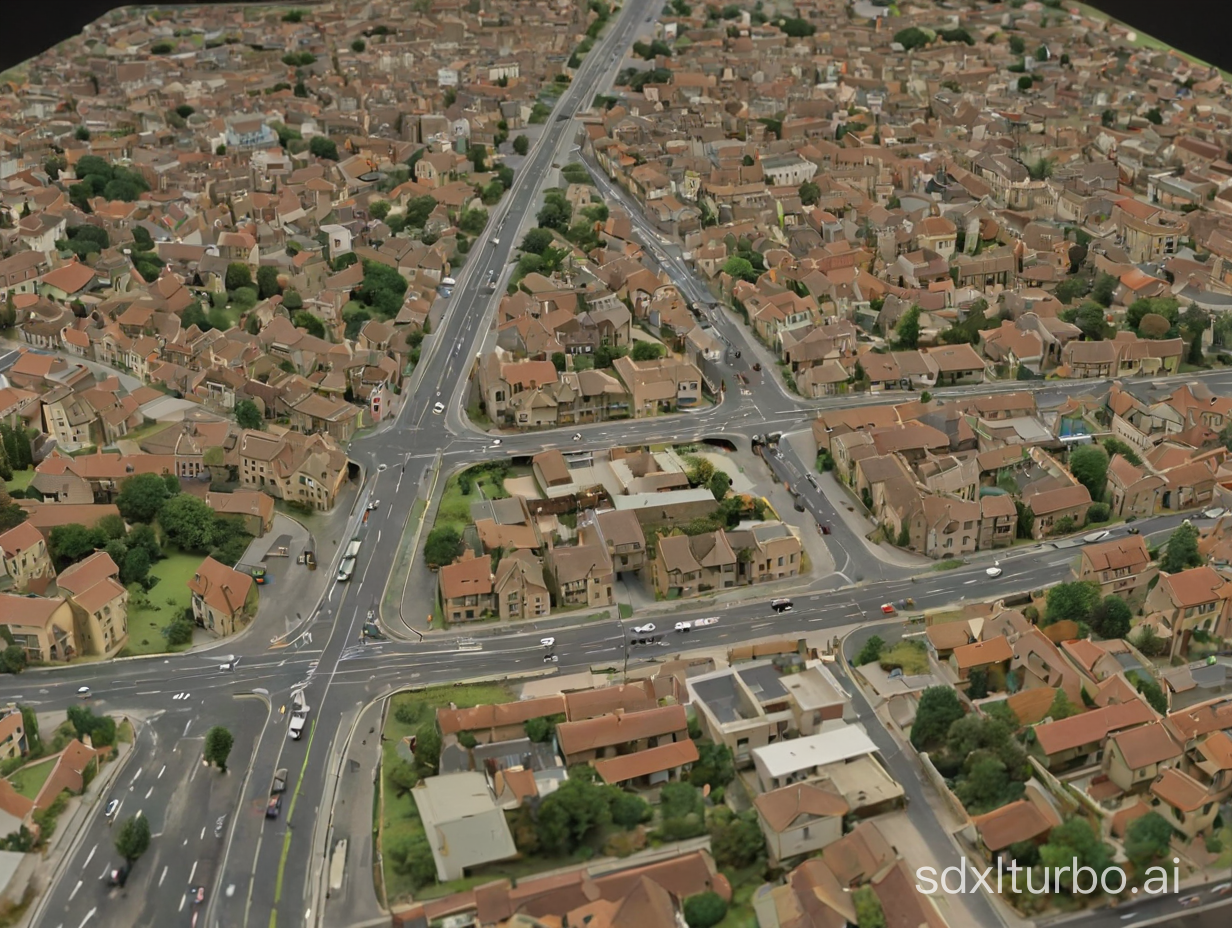 a 1:400 scale model of a town on a table that measures 95  cm width and 45 cm depth. The level of details is low, but windows and doors are visible. The zoom is wide enough so that the whole table is visible. These are the different areas of the table. 

The long edge, closes to the camera, has a motorway along its edge. It enters roughly 20 cm from the right edge and ends at the left edge.