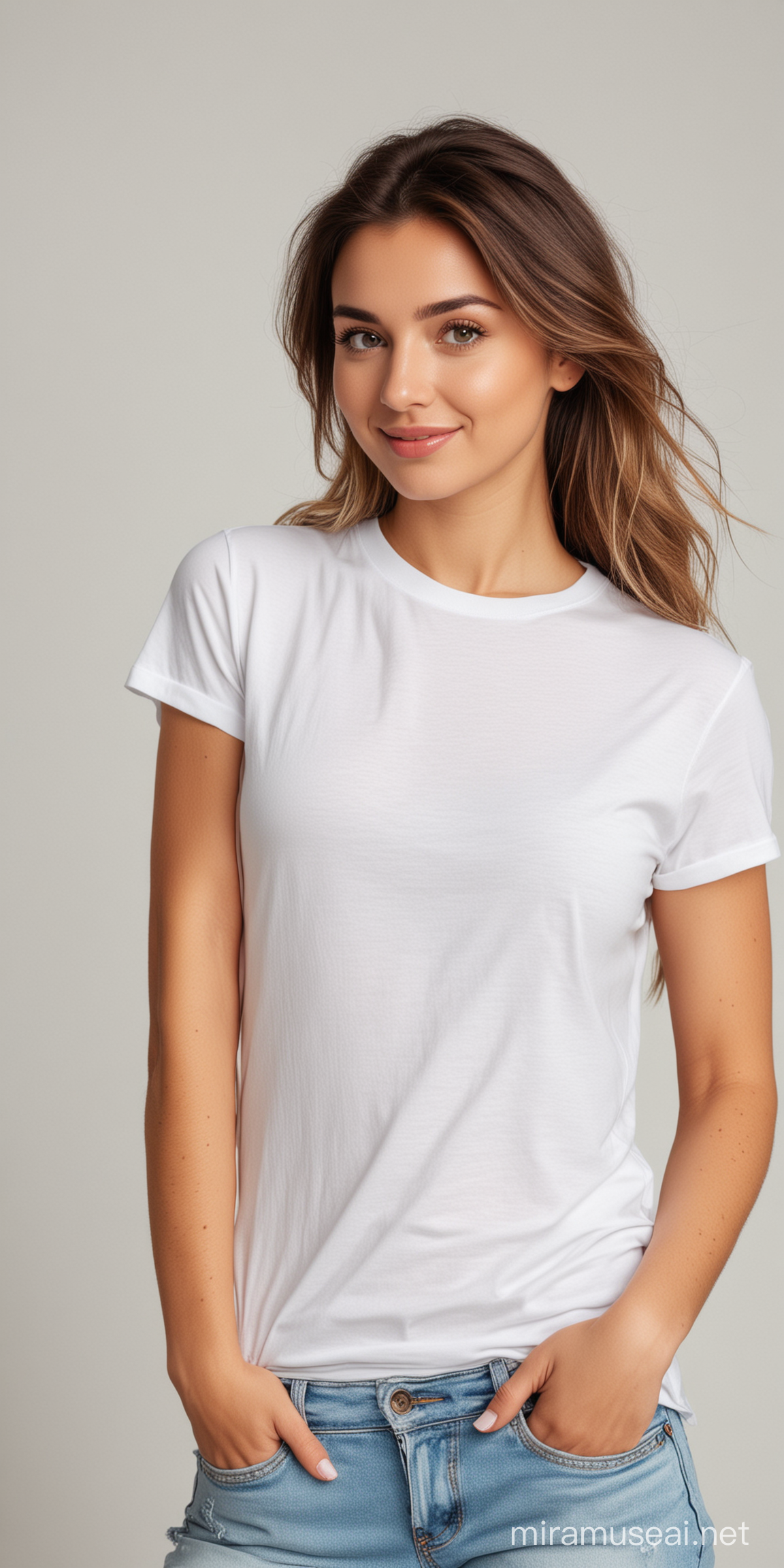 Cheerful Woman in White TShirt Smiling