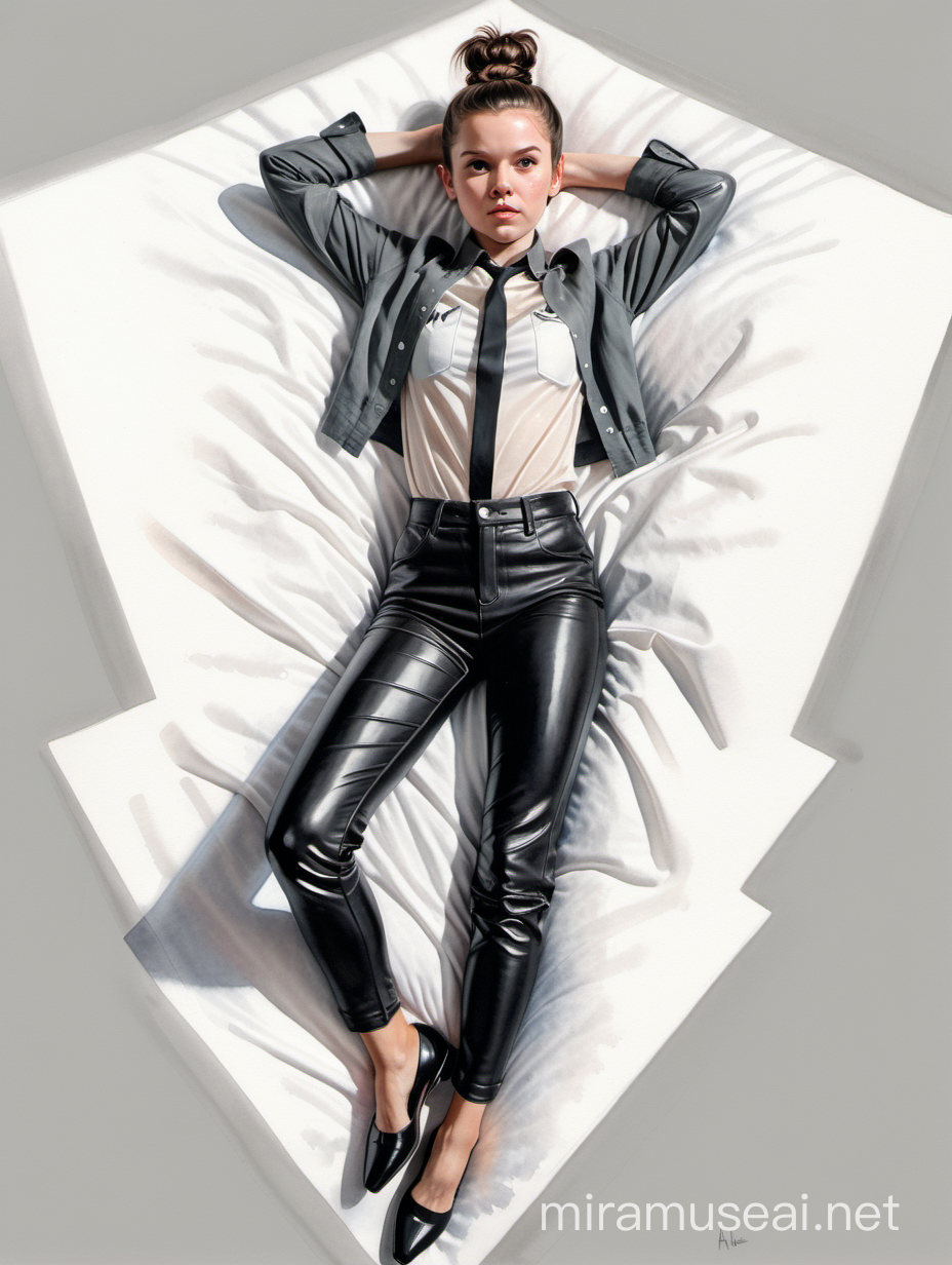 Alex Maleev illustration depicting haughty smirking young Millie Bobby Brown wearing school blouse and shiny tight black leather pants, arms over her head, gray flat pumps, bun hair, lying down with her legs in a triangle choke position on dirty white surface, watercolor, white background, no distortion, gray palette, insanely high detail, very high quality, seen from above