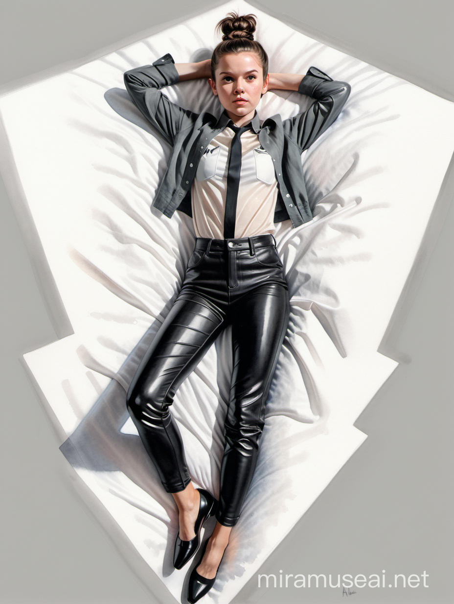 Confident Millie Bobby Brown in School Attire Triangle Choke Pose Illustration