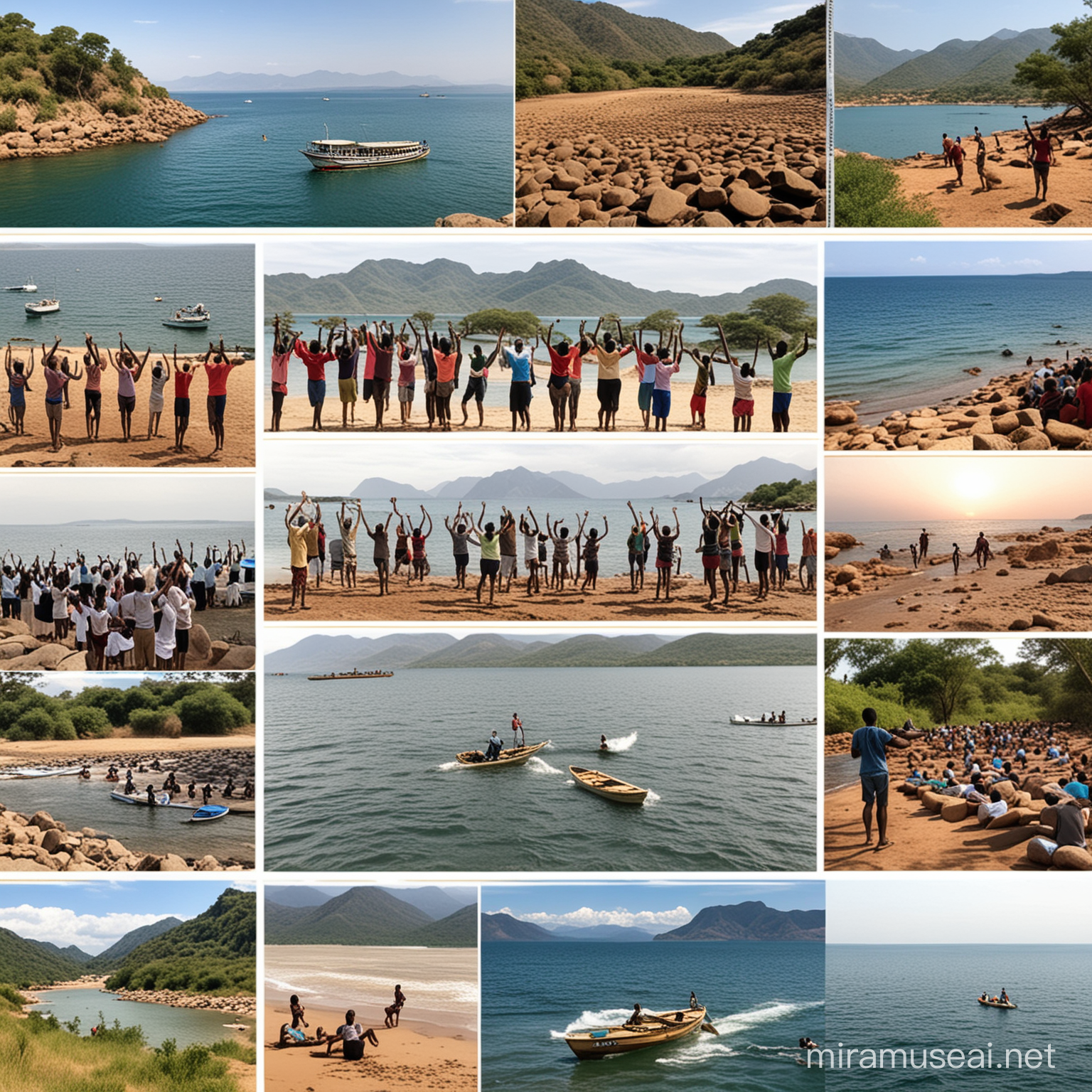 Please build a picture collage of the highlights in Malawi including lake Malawi for the age group 25 to 40. Motivate with the pictures to visit Malawi