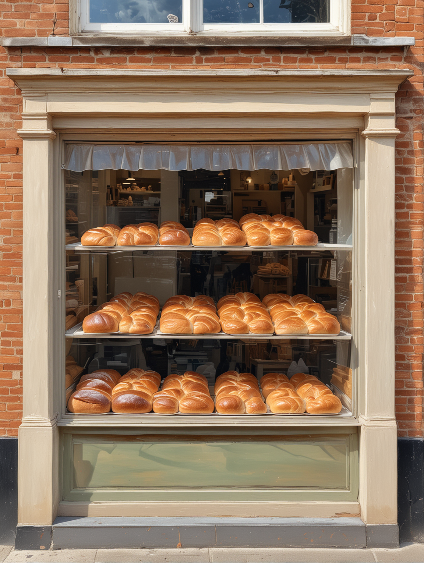 A large, glazed display window in the front of a bright bakery, showcasing trays of freshly baked breads, buns, rolls, cakes, and confections, viewed from the outside. Painted in an impressionist style.
