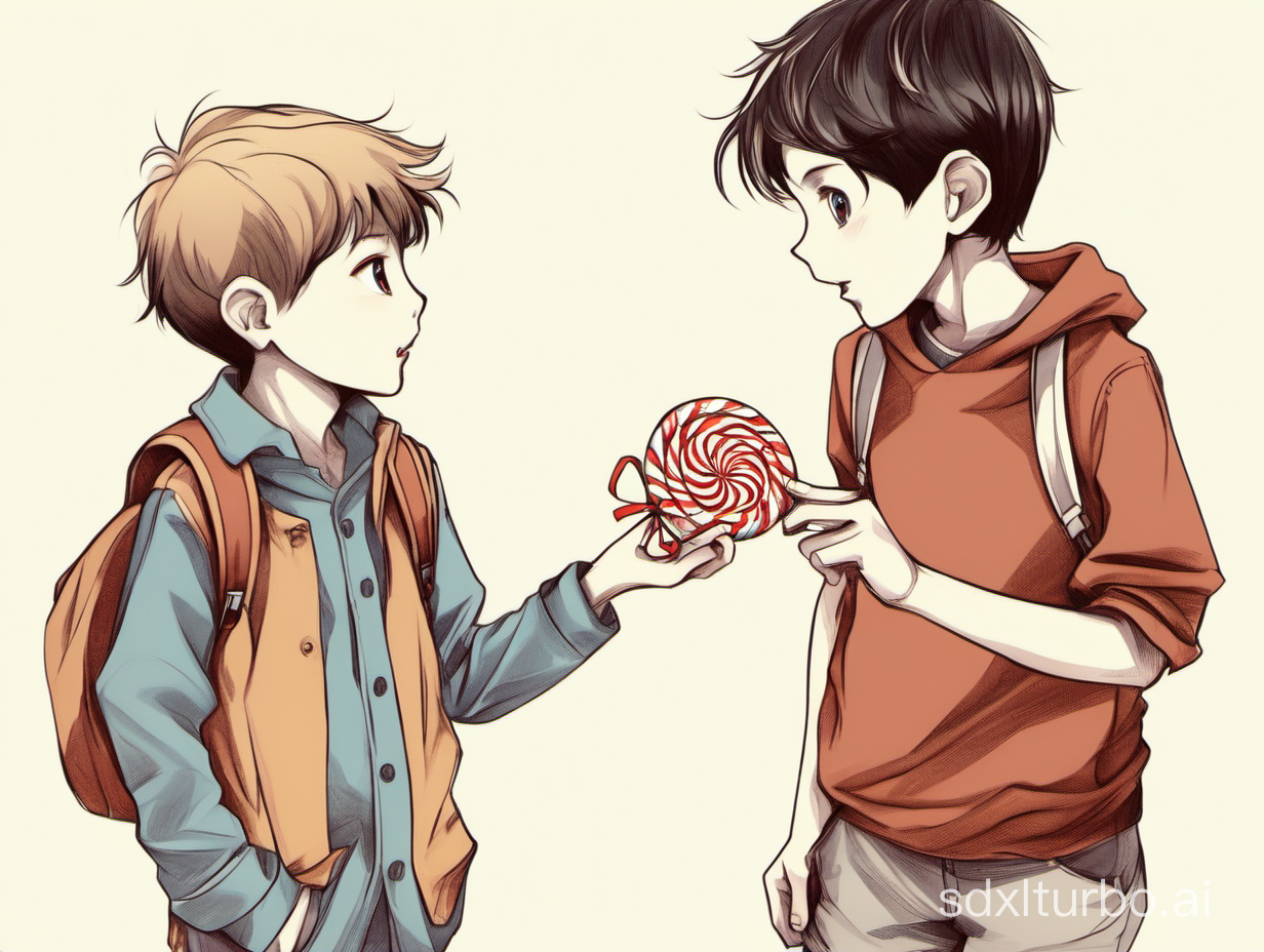 A boy give a candy to a boy
